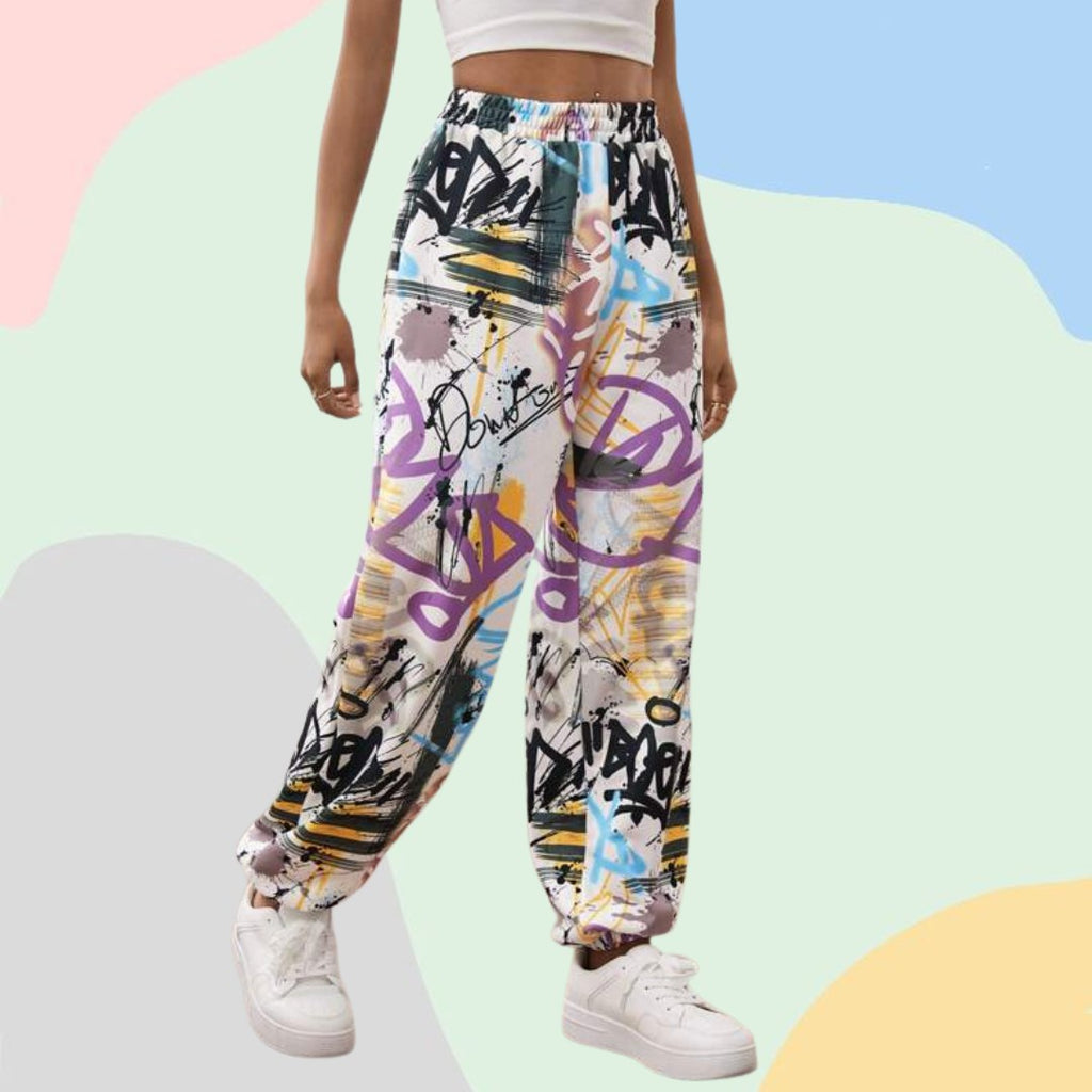 Women’s Trendy Multicolor Graffiti Printed Straight Fit Pants | High Waist Casual Street Style Trousers | Stylish Daily & Travel Wear