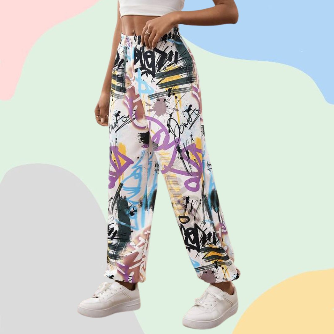 Women’s Trendy Multicolor Graffiti Printed Straight Fit Pants | High Waist Casual Street Style Trousers | Stylish Daily & Travel Wear