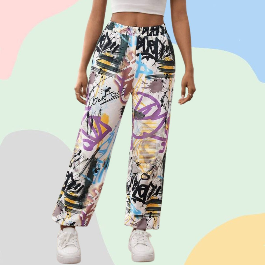Women’s Trendy Multicolor Graffiti Printed Straight Fit Pants | High Waist Casual Street Style Trousers | Stylish Daily & Travel Wear