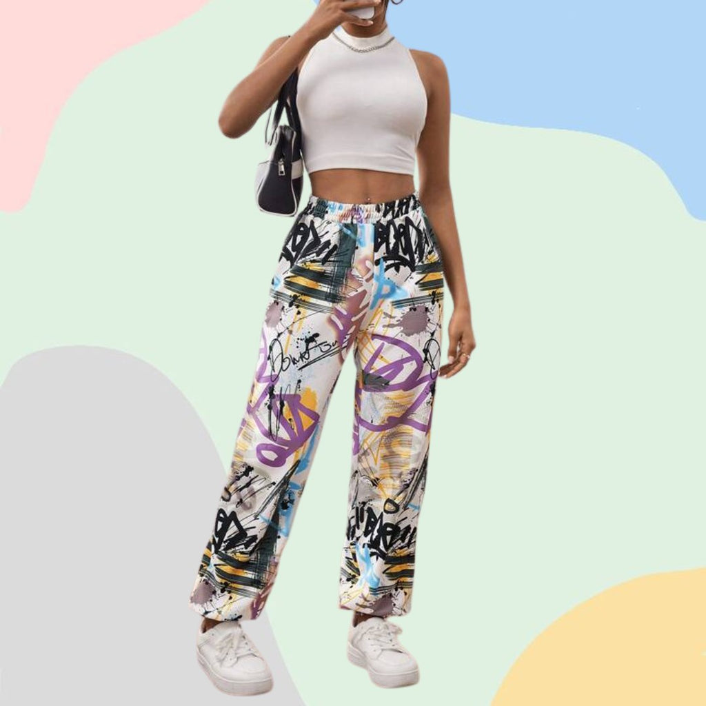 Women’s Trendy Multicolor Graffiti Printed Straight Fit Pants | High Waist Casual Street Style Trousers | Stylish Daily & Travel Wear