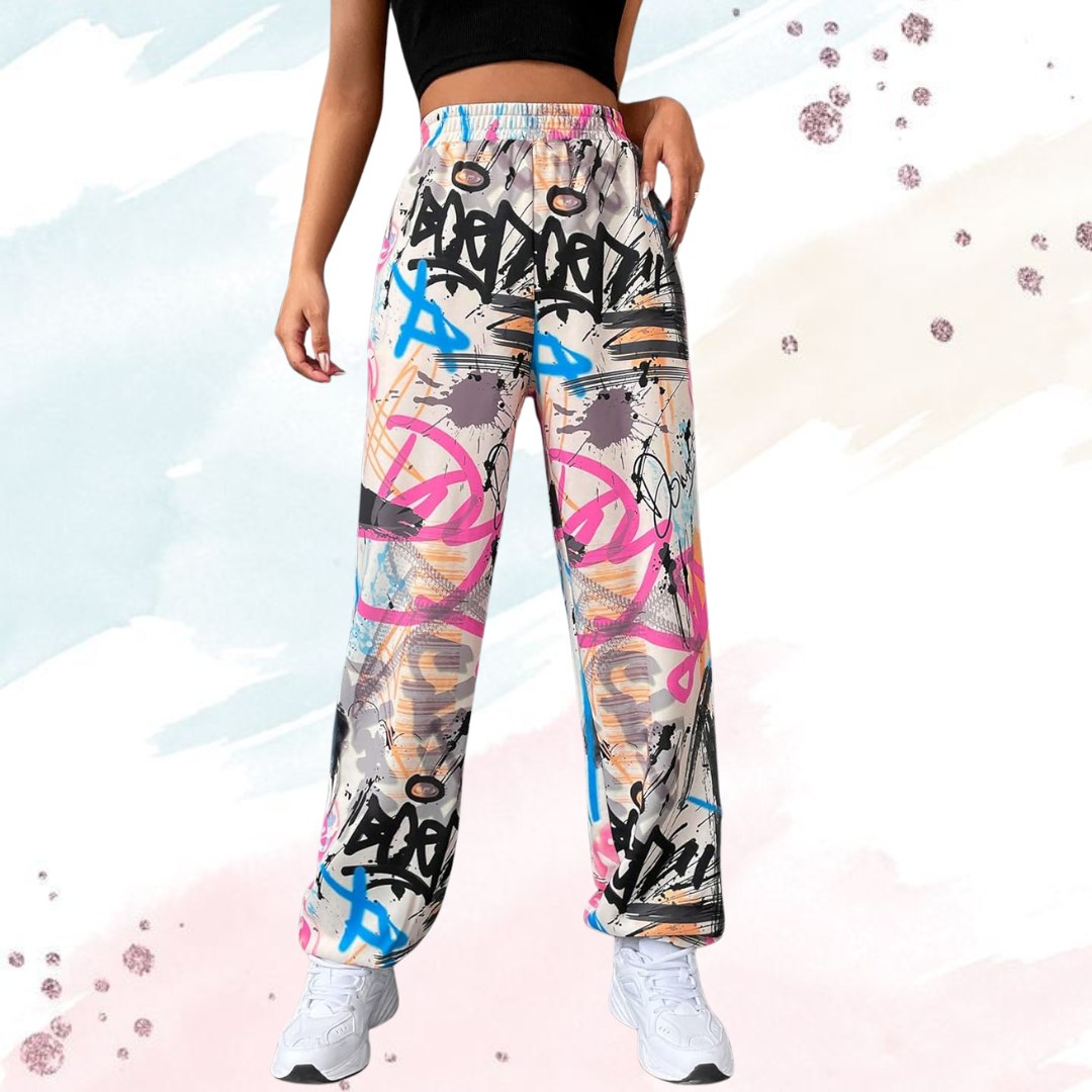 Women’s Trendy Multicolor Graffiti Printed Straight Fit Pants | High Waist Casual Street Style Trousers | Stylish Daily & Travel Wear