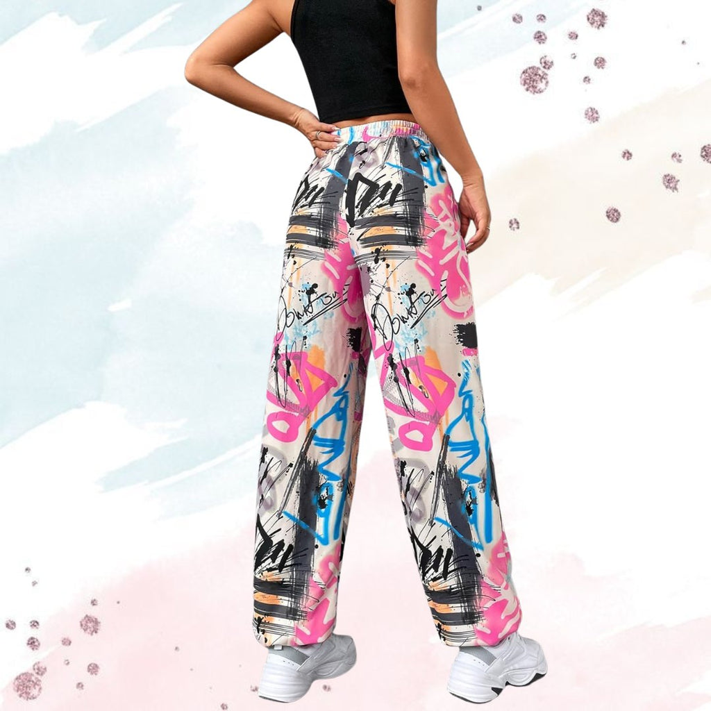 Women’s Trendy Multicolor Graffiti Printed Straight Fit Pants | High Waist Casual Street Style Trousers | Stylish Daily & Travel Wear