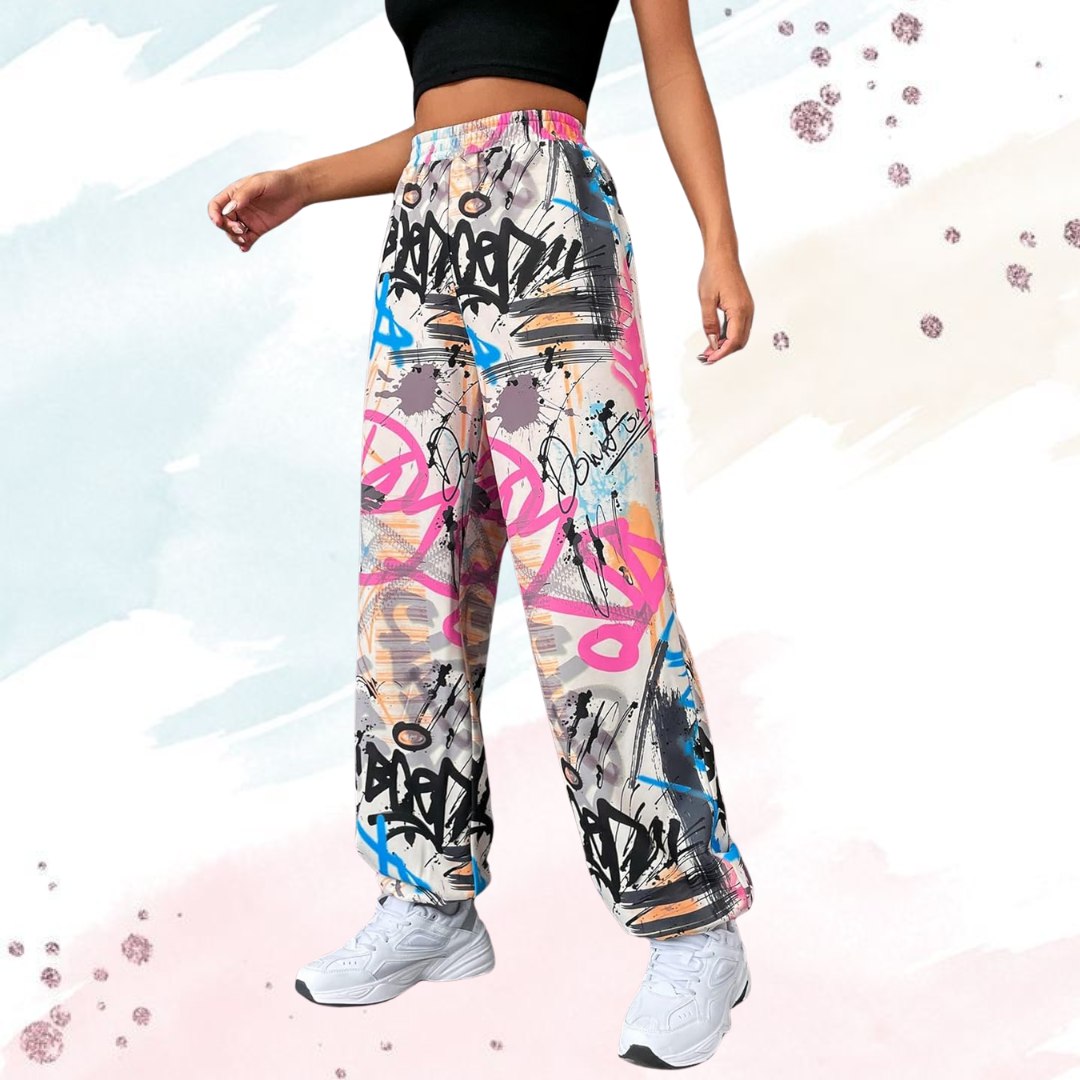 Women’s Trendy Multicolor Graffiti Printed Straight Fit Pants | High Waist Casual Street Style Trousers | Stylish Daily & Travel Wear