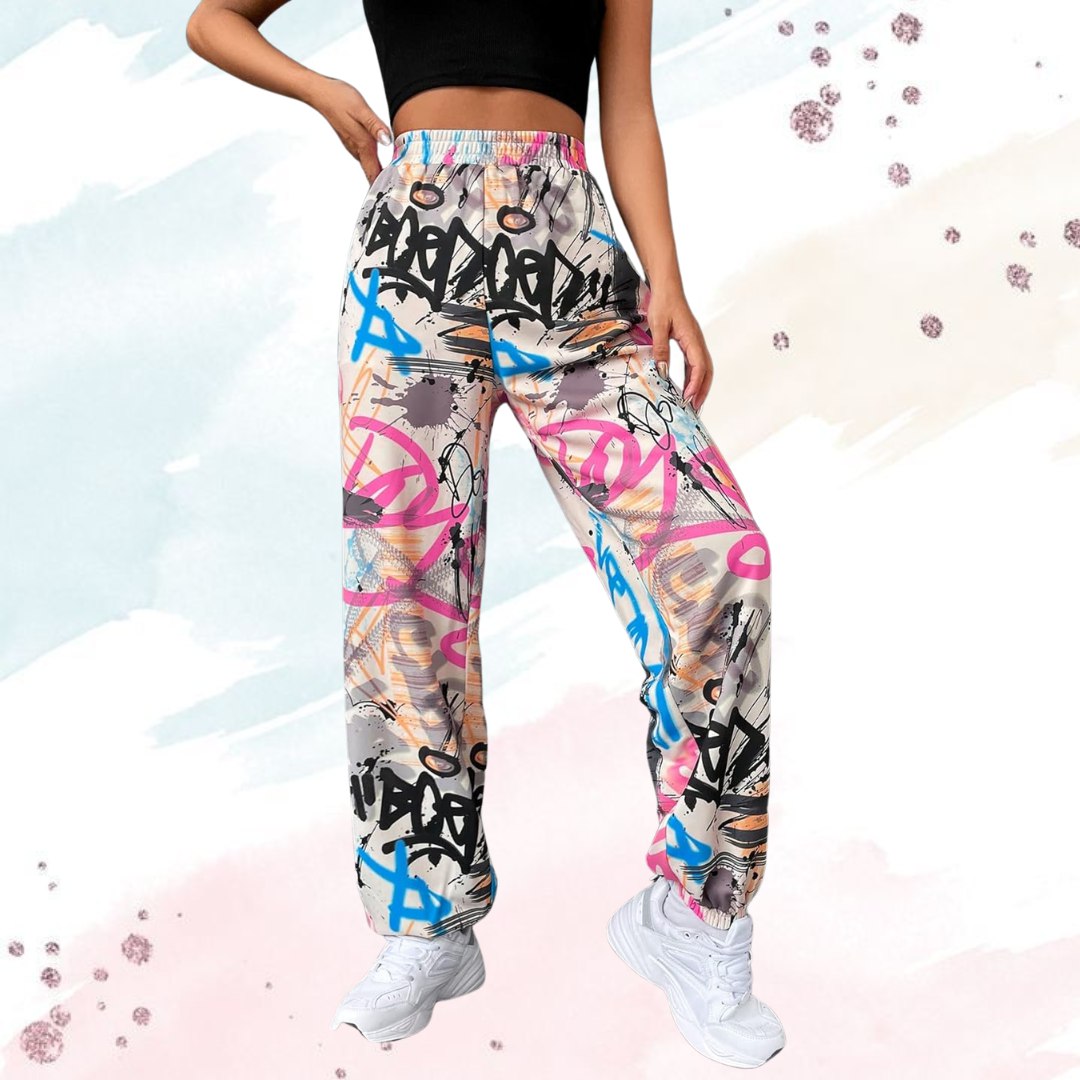 Women’s Trendy Multicolor Graffiti Printed Straight Fit Pants | High Waist Casual Street Style Trousers | Stylish Daily & Travel Wear