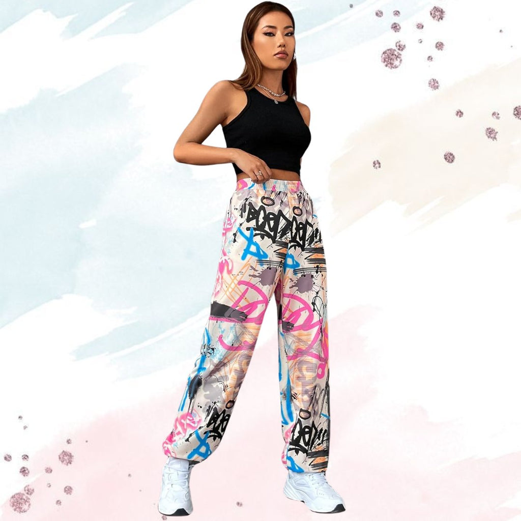 Women’s Trendy Multicolor Graffiti Printed Straight Fit Pants | High Waist Casual Street Style Trousers | Stylish Daily & Travel Wear
