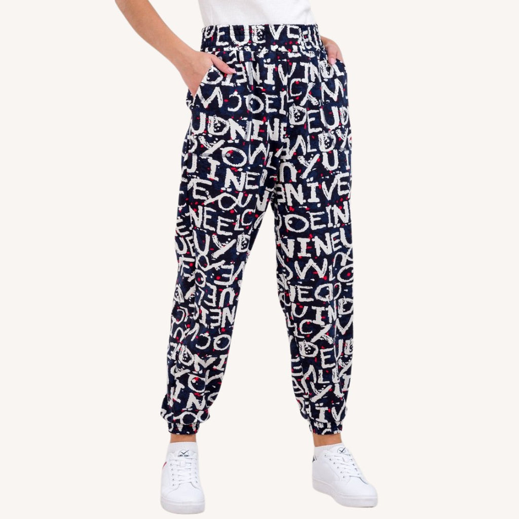 Women’s Black Typography Printed Jogger Pants | High Waist Casual Street Style Trousers | Trendy Daily & Lounge Wear