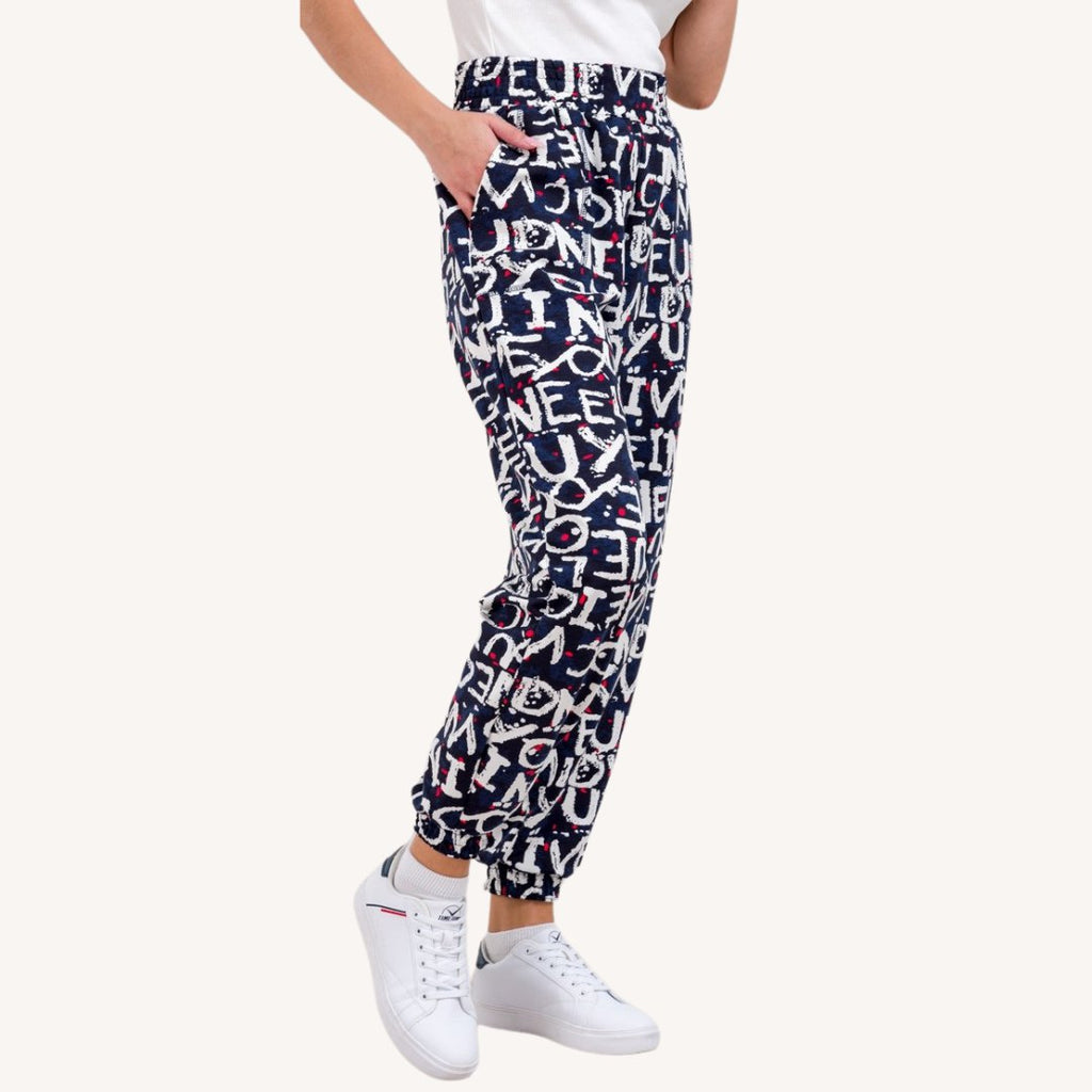 Women’s Black Typography Printed Jogger Pants | High Waist Casual Street Style Trousers | Trendy Daily & Lounge Wear