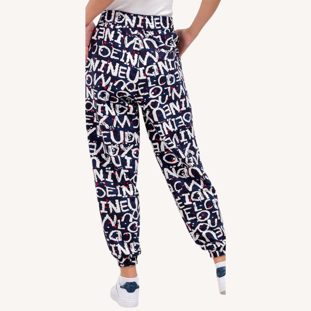Women’s Black Typography Printed Jogger Pants | High Waist Casual Street Style Trousers | Trendy Daily & Lounge Wear
