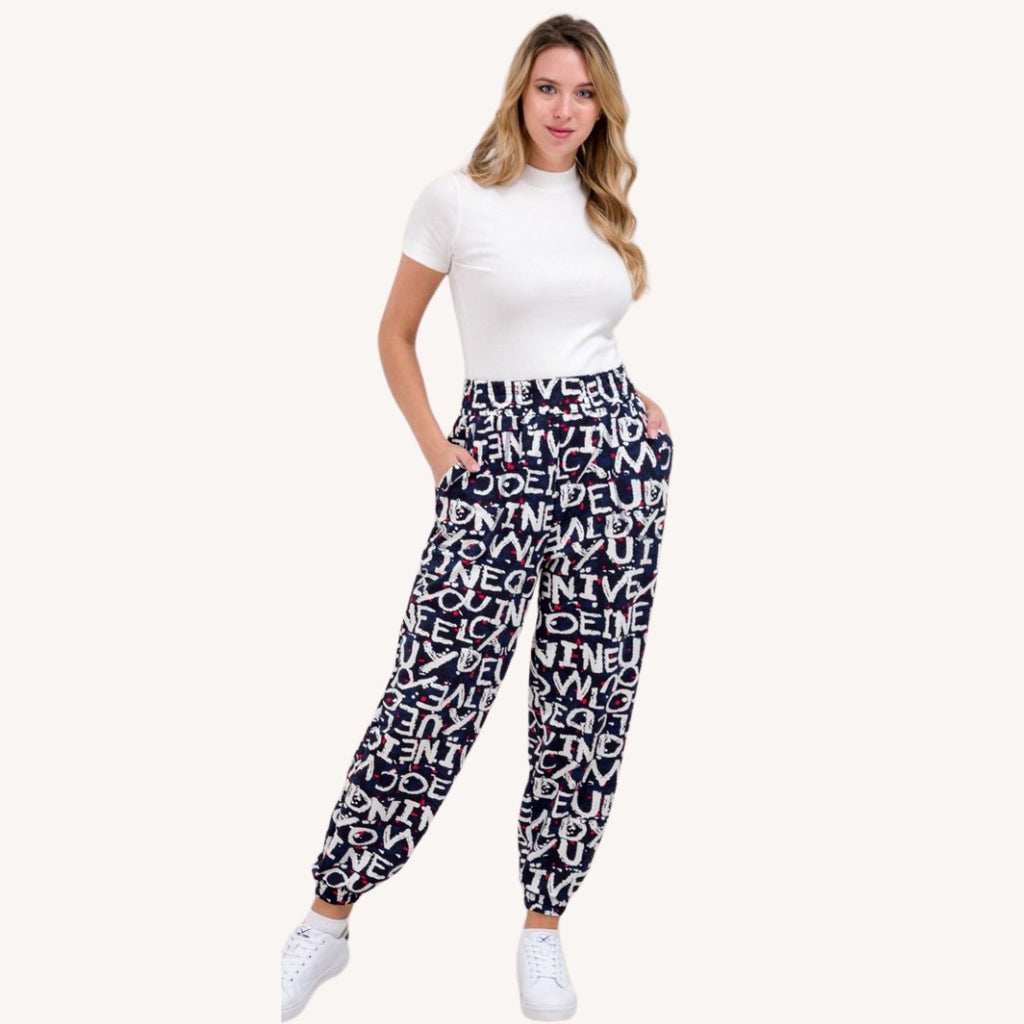 Women’s Black Typography Printed Jogger Pants | High Waist Casual Street Style Trousers | Trendy Daily & Lounge Wear