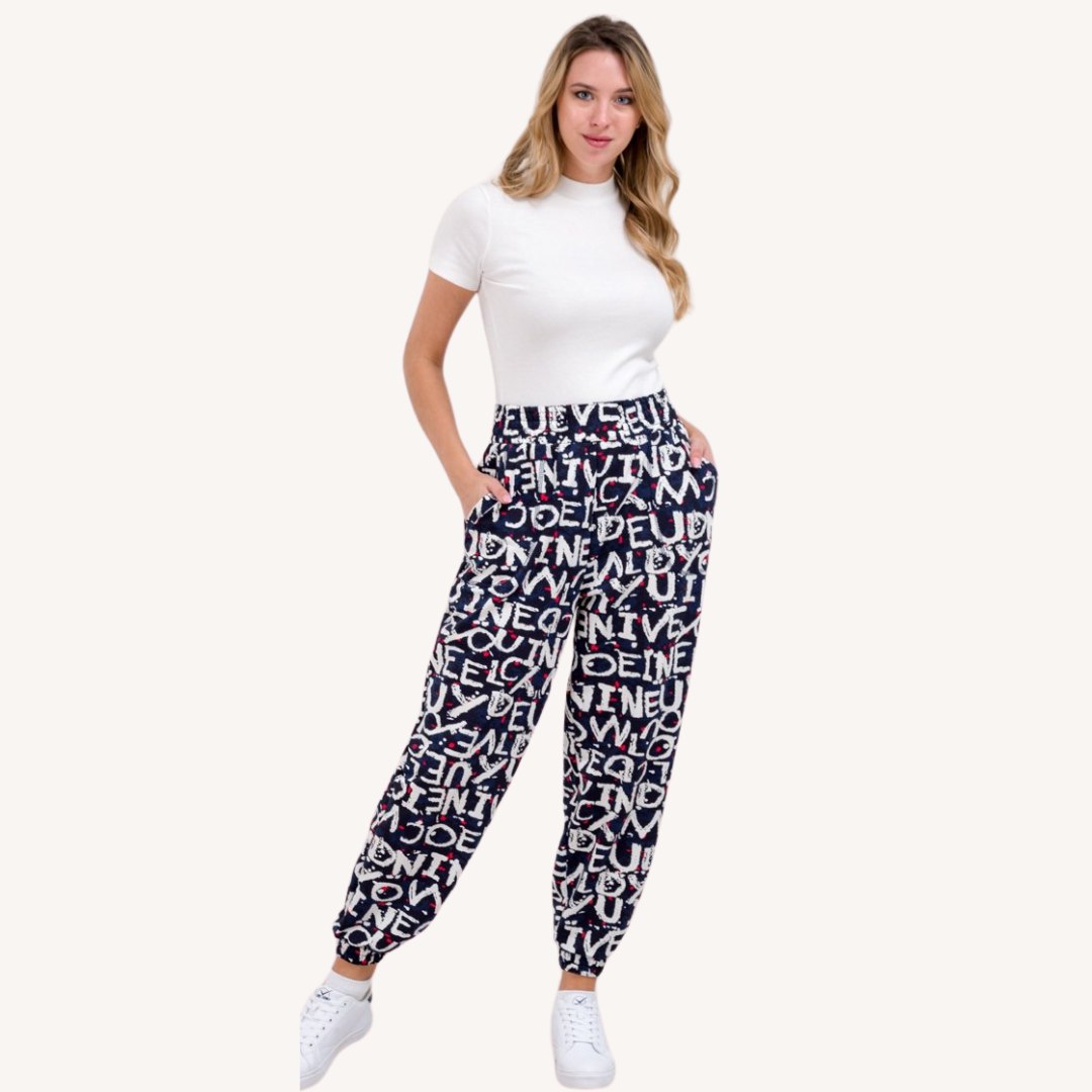 Women’s Black Typography Printed Jogger Pants | High Waist Casual Street Style Trousers | Trendy Daily & Lounge Wear