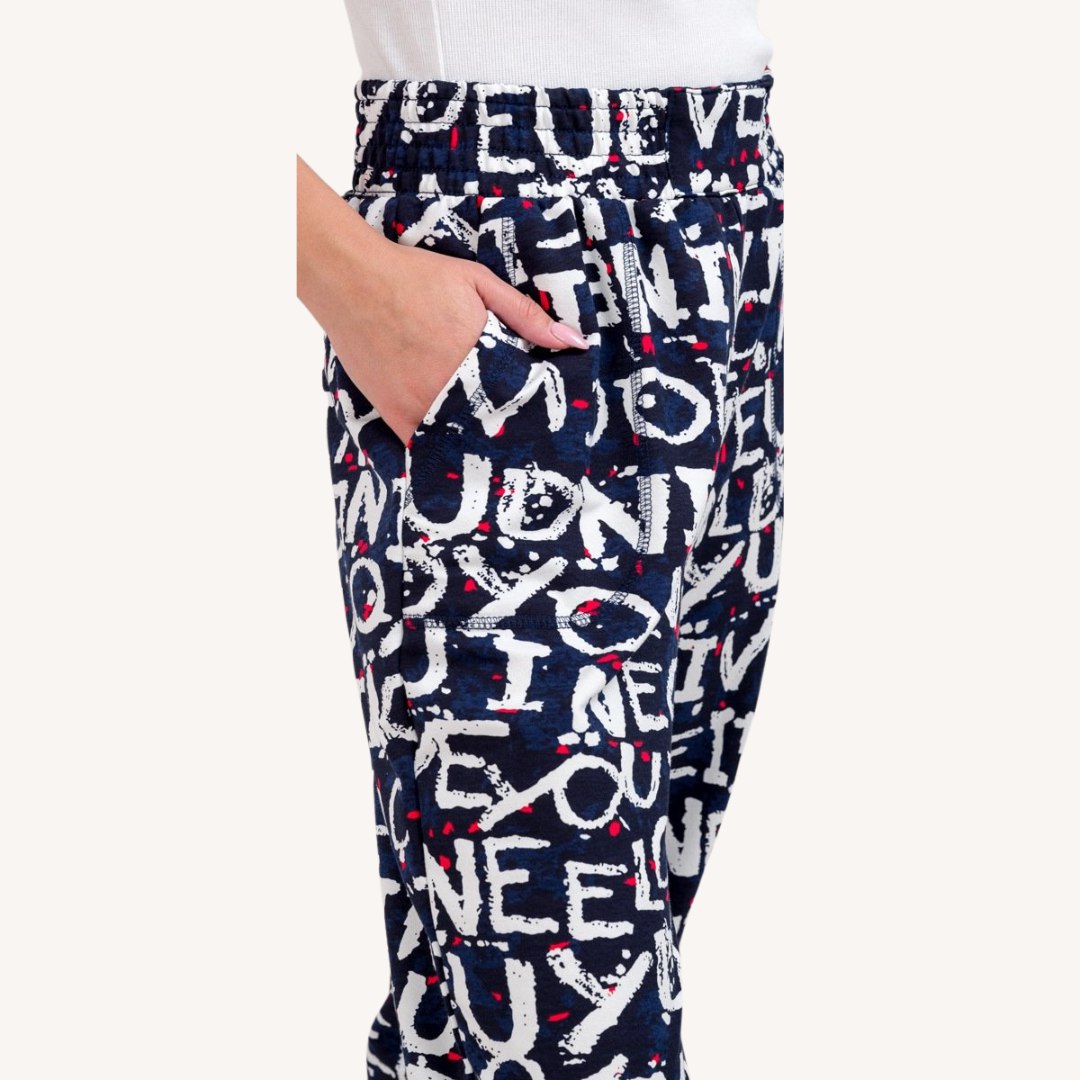Women’s Black Typography Printed Jogger Pants | High Waist Casual Street Style Trousers | Trendy Daily & Lounge Wear