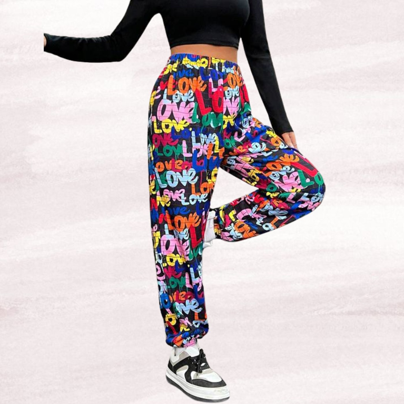 Women’s Multicolor Love Typography Printed Jogger Pants | High Waist Casual Street Style Trousers | Trendy Daily & Lounge Wear
