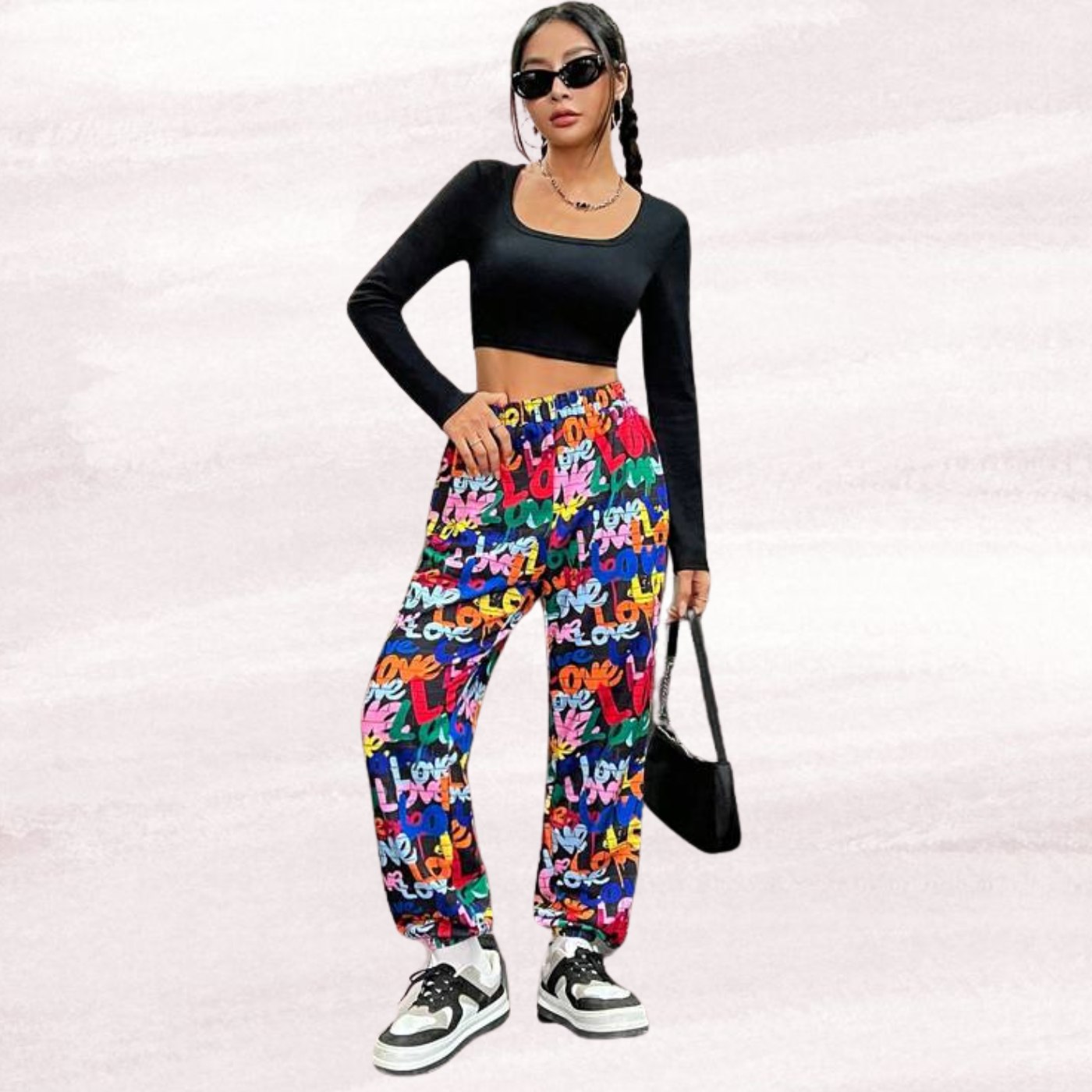Women’s Multicolor Love Typography Printed Jogger Pants | High Waist Casual Street Style Trousers | Trendy Daily & Lounge Wear