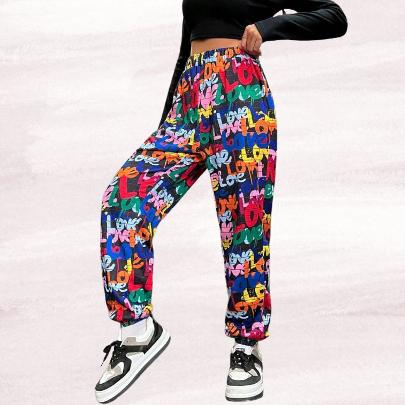 Women’s Multicolor Love Typography Printed Jogger Pants | High Waist Casual Street Style Trousers | Trendy Daily & Lounge Wear