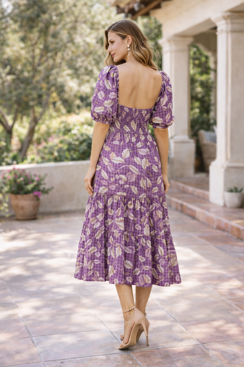 Lavender Leaf Smocked Midi Dress