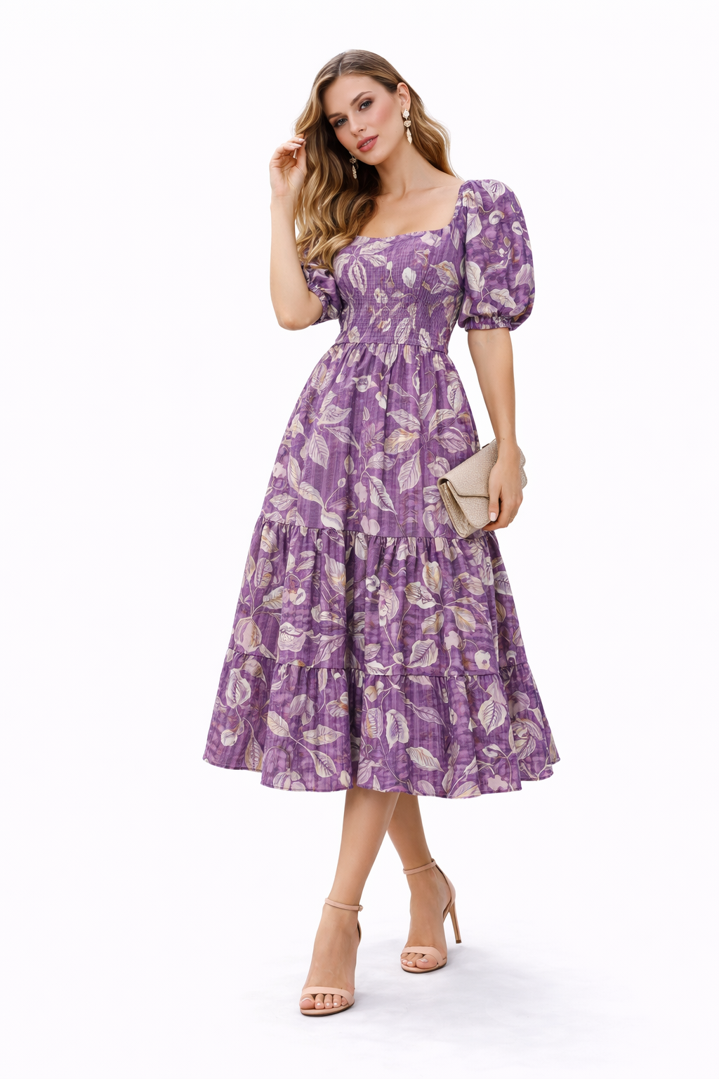 Lavender Leaf Smocked Midi Dress