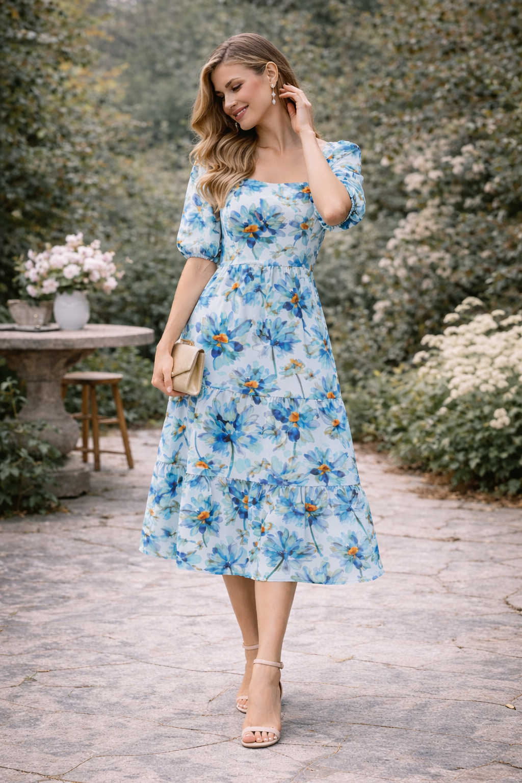 Blue Blossom Tiered Midi Dress