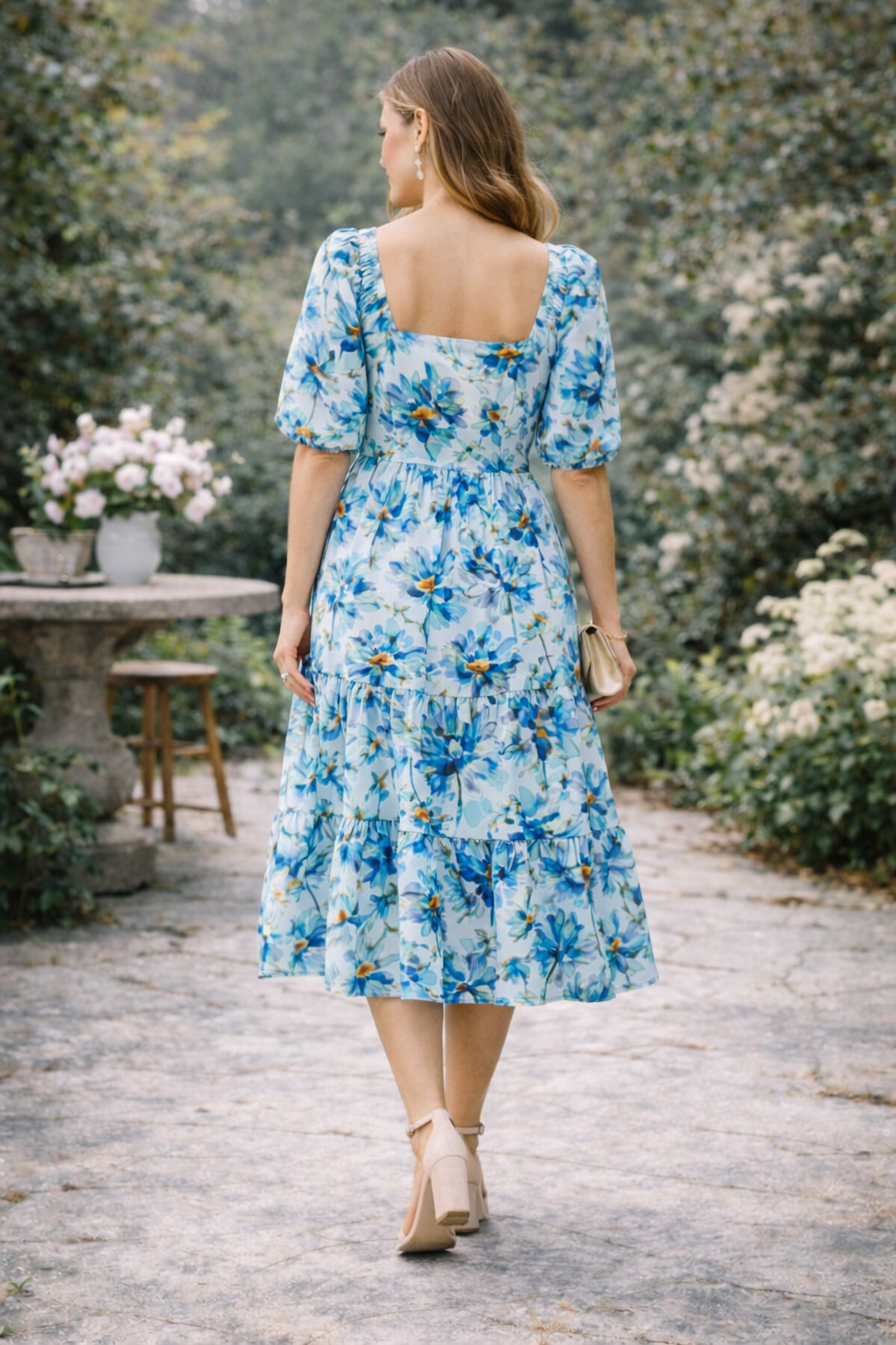 Blue Blossom Tiered Midi Dress