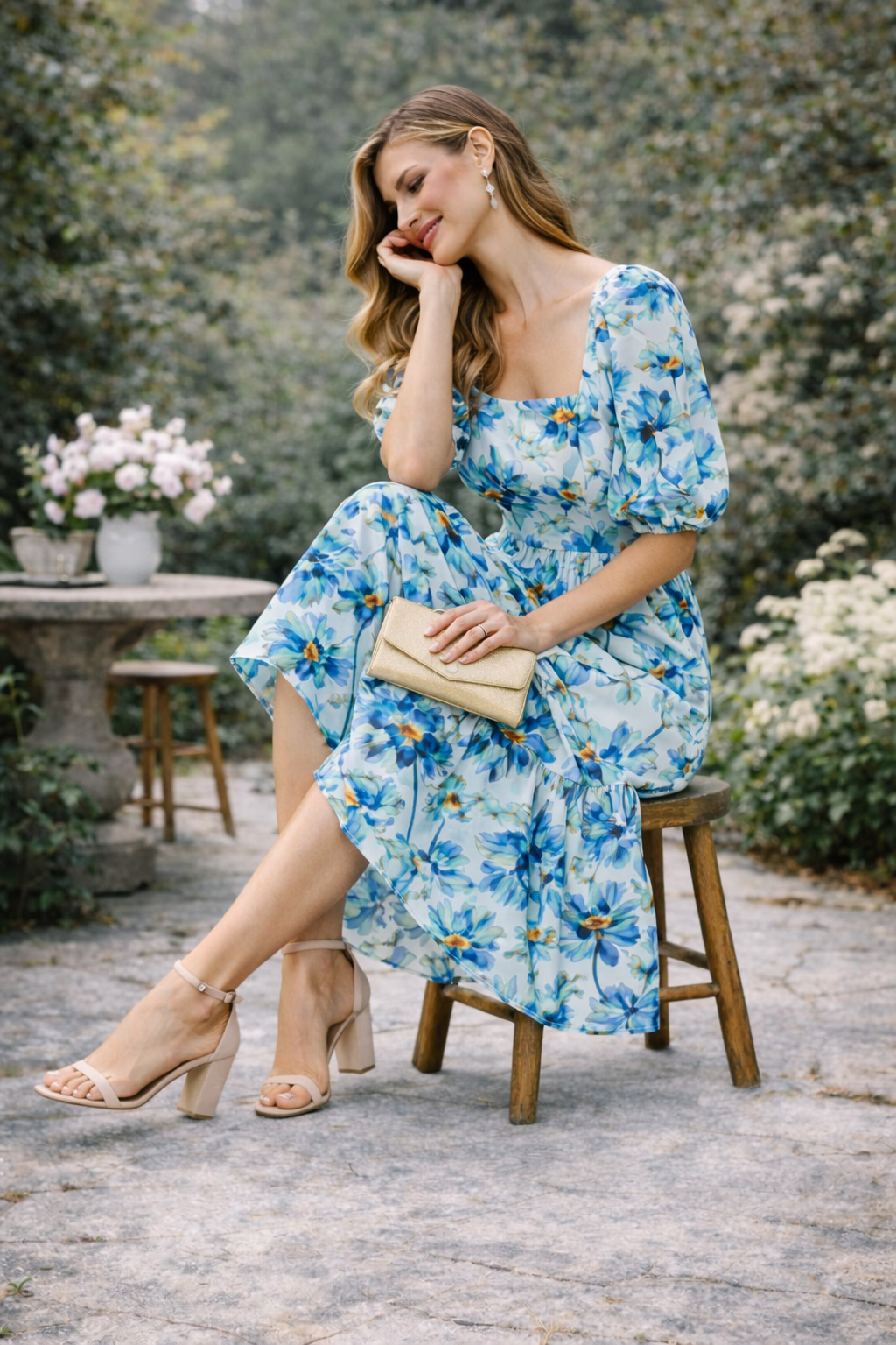 Blue Blossom Tiered Midi Dress