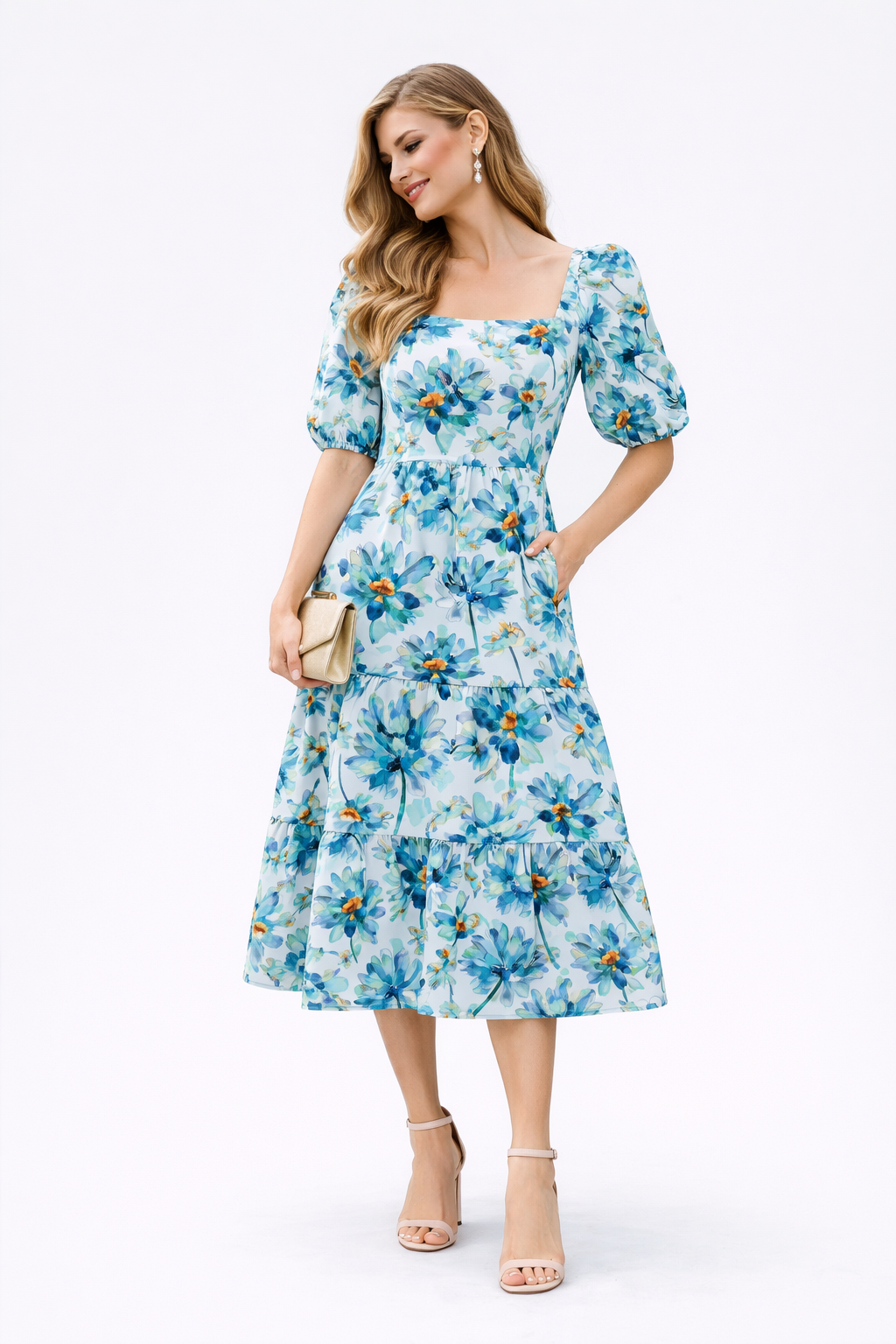 Blue Blossom Tiered Midi Dress