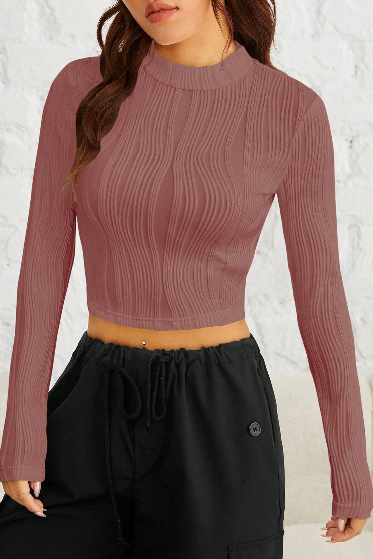 Ritsila Women Dark Pink EZwear Gola Simulada Camiseta Crop Top
