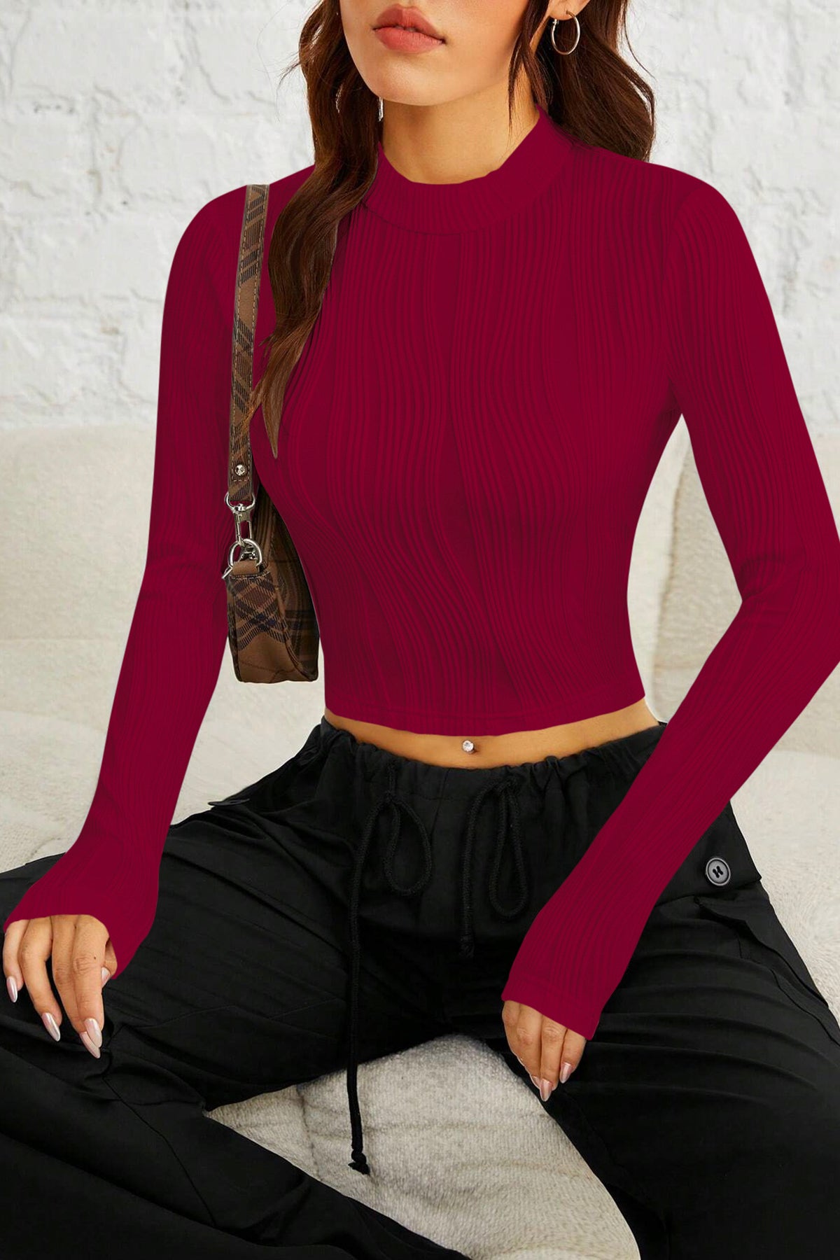 Ritsila Women Marron Color  EZwear Gola Simulada Camiseta Crop Top