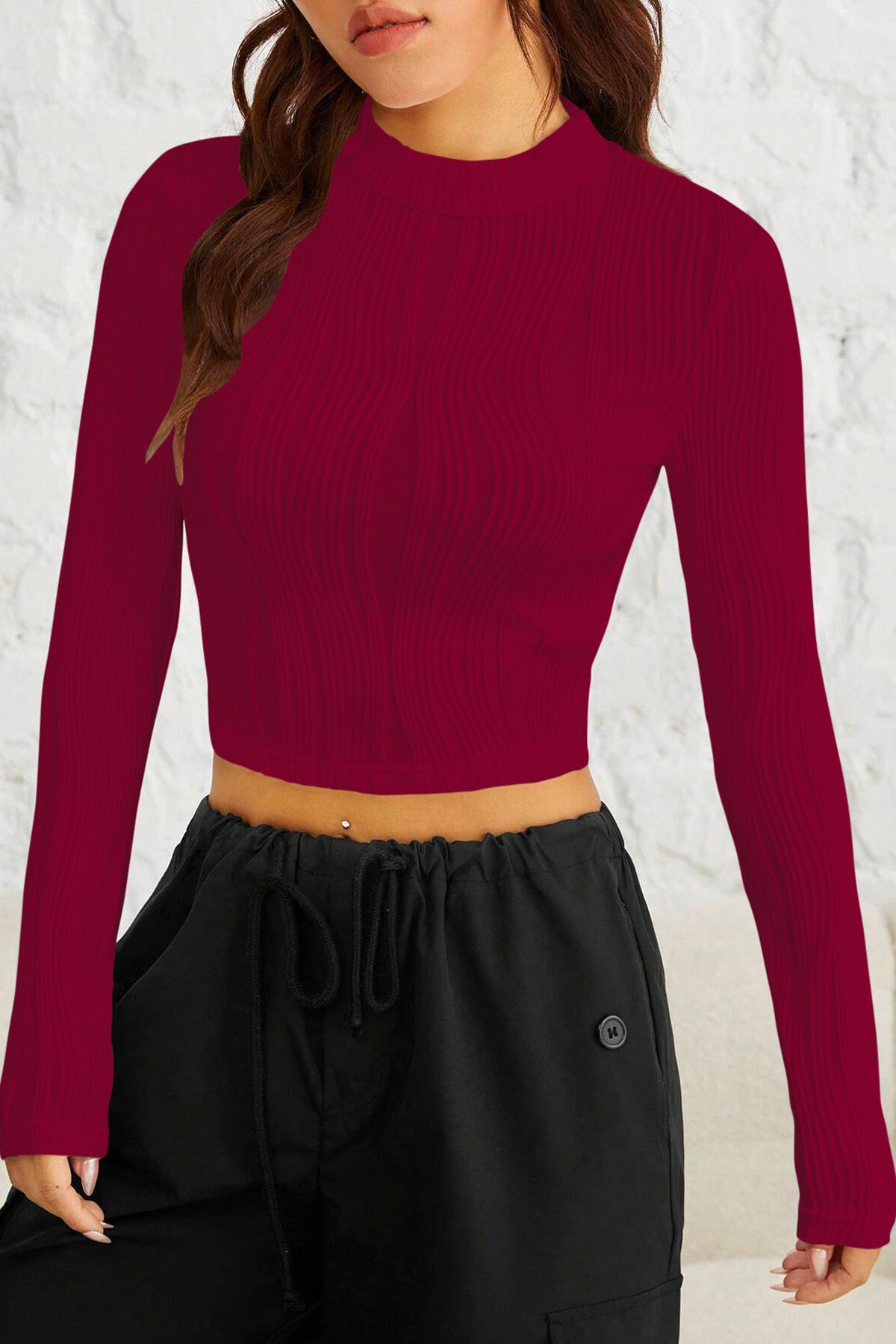 Ritsila Women Marron Color  EZwear Gola Simulada Camiseta Crop Top