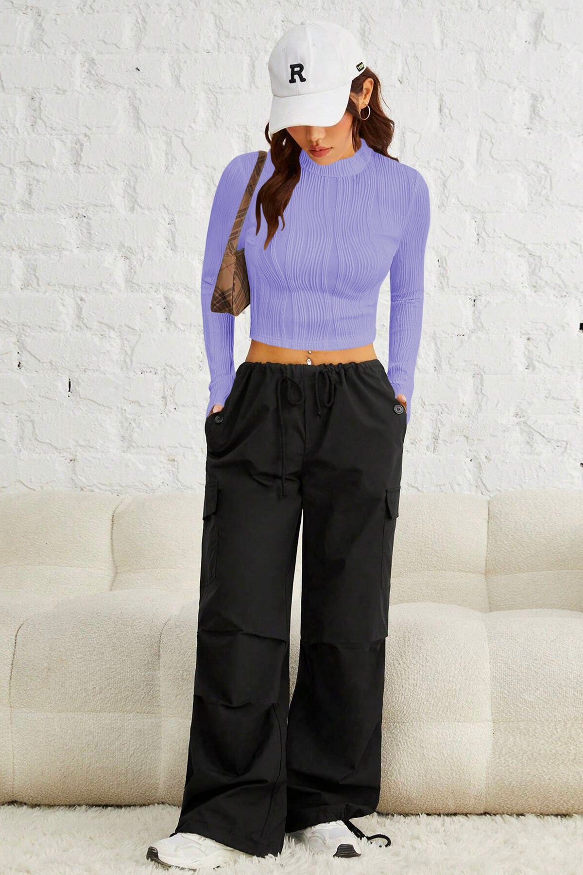 Ritsila Women Purple Color  EZwear Gola Simulada Camiseta Crop Top