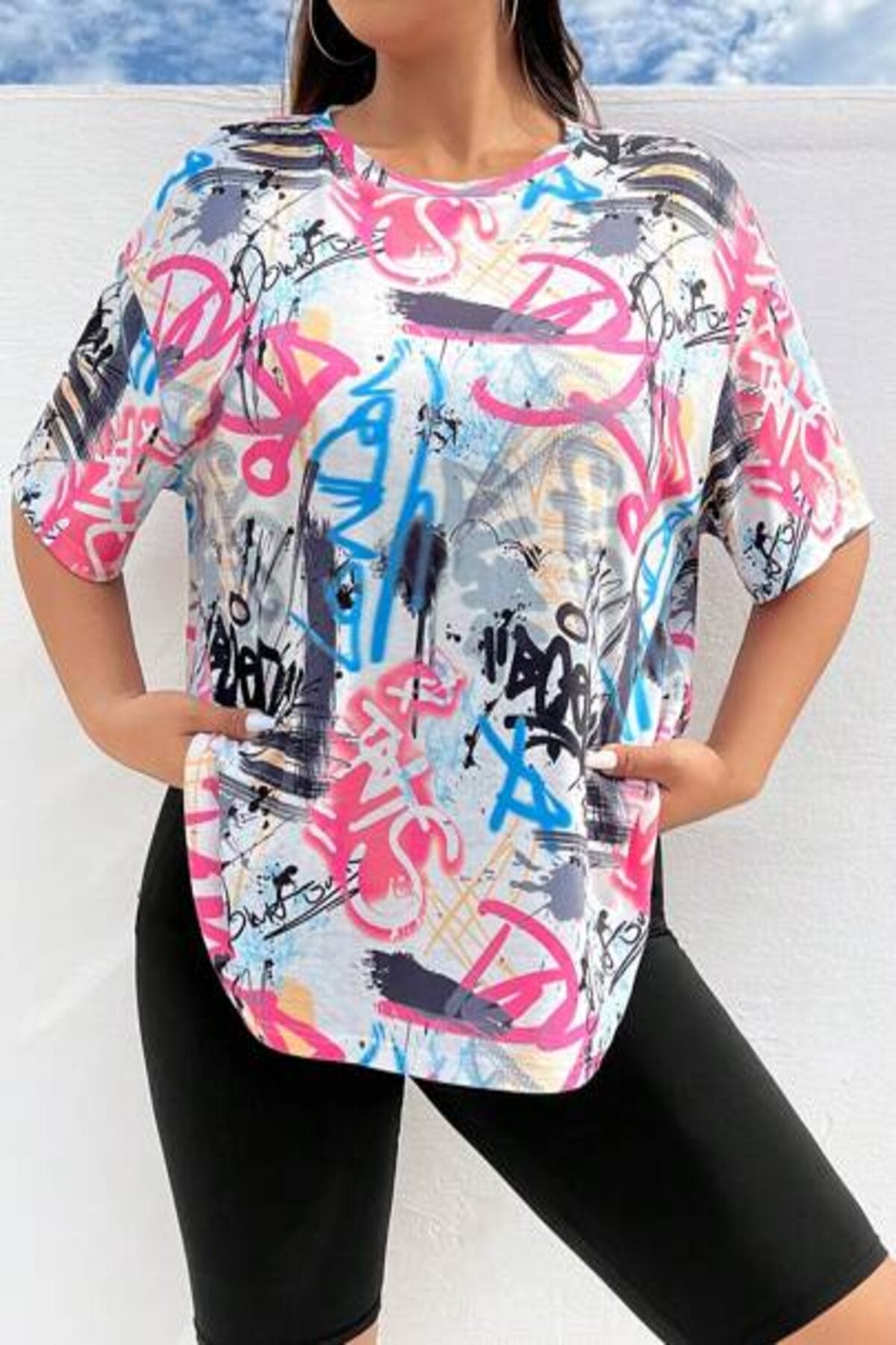 Ritsila Coolane Women'S Plus Size Graffiti Printing Contrast Color T-Shirt