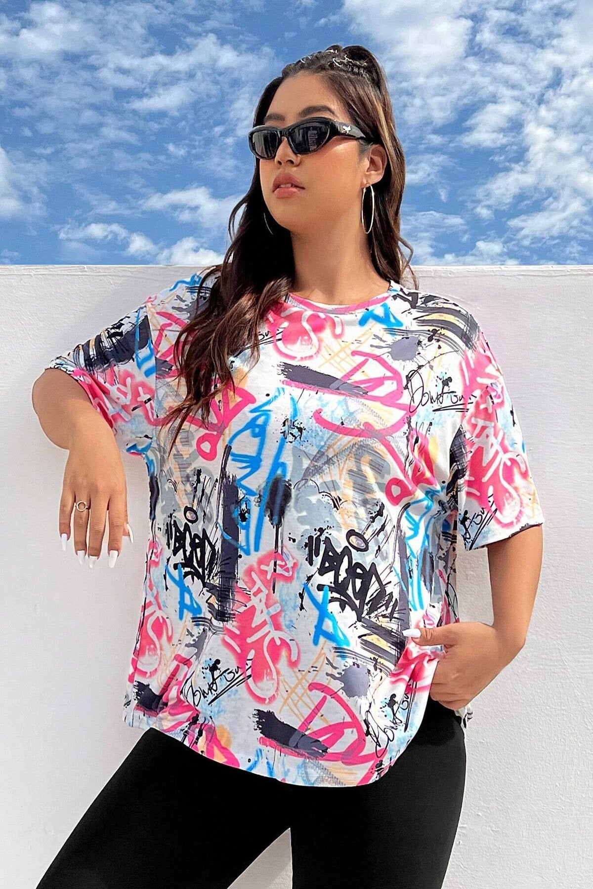 Ritsila Coolane Women'S Plus Size Graffiti Printing Contrast Color T-Shirt