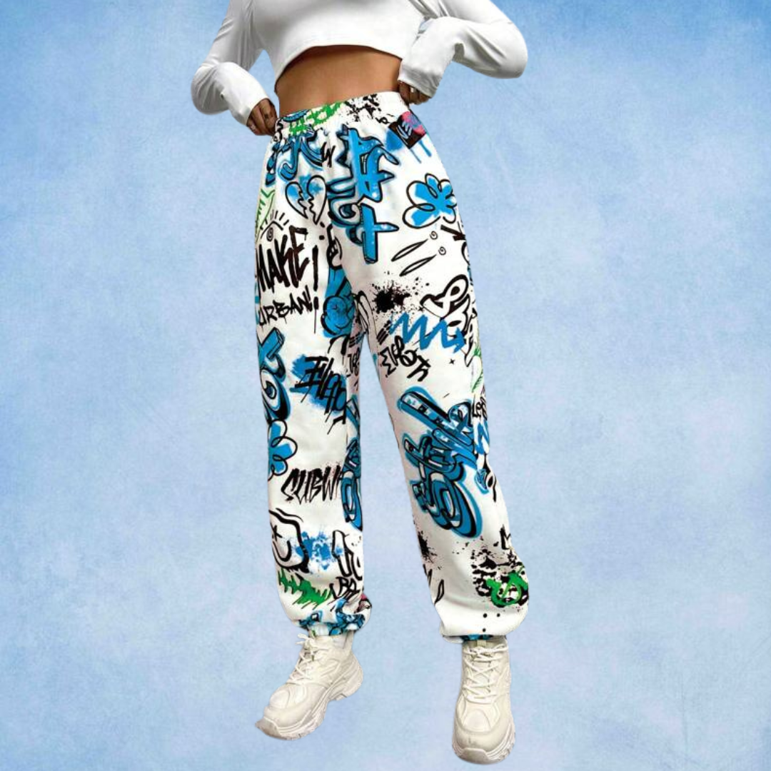 Ritsila Printed High Waisted Windbreaker Jogger Pants WHITE BLACK