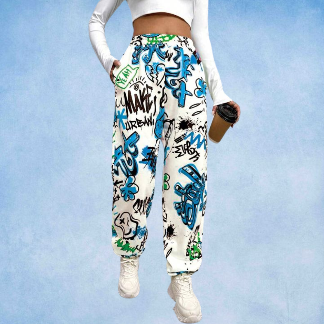 Ritsila Printed High Waisted Windbreaker Jogger Pants WHITE BLACK