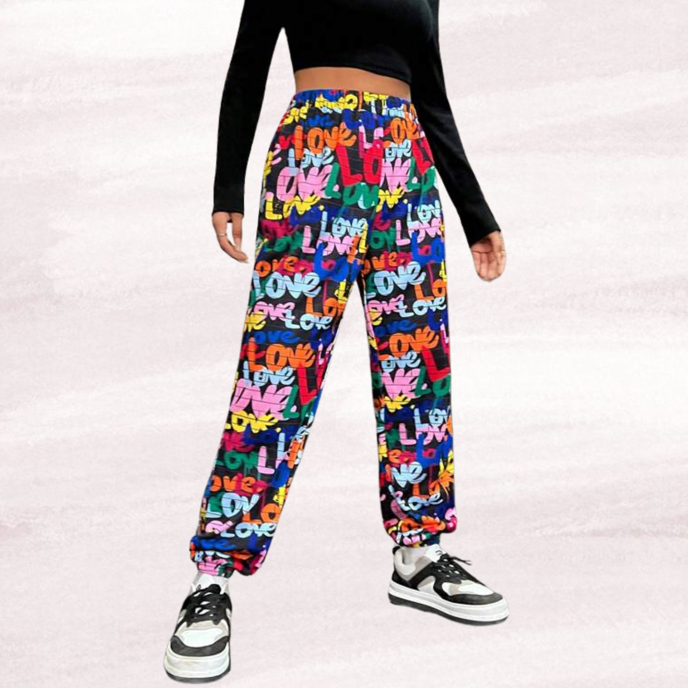 Ritsila Printed High Waisted Windbreaker Jogger Pants WHITE BLACK