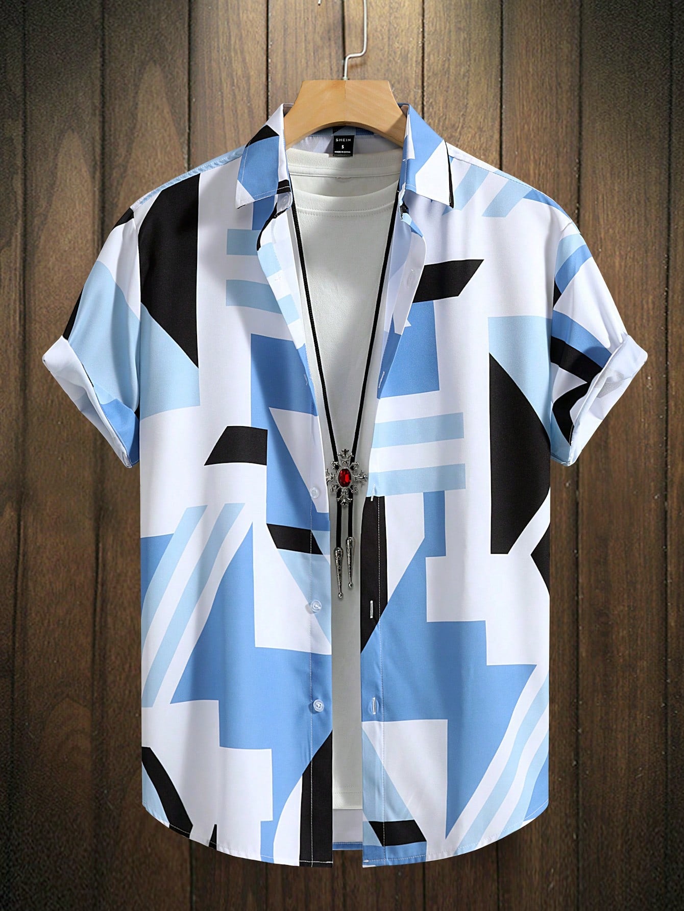 Men's Random Geo Print Shirt Without Tee, Slim Fit Short Sleeve Button Up Graphic Funny Shirt For Husband