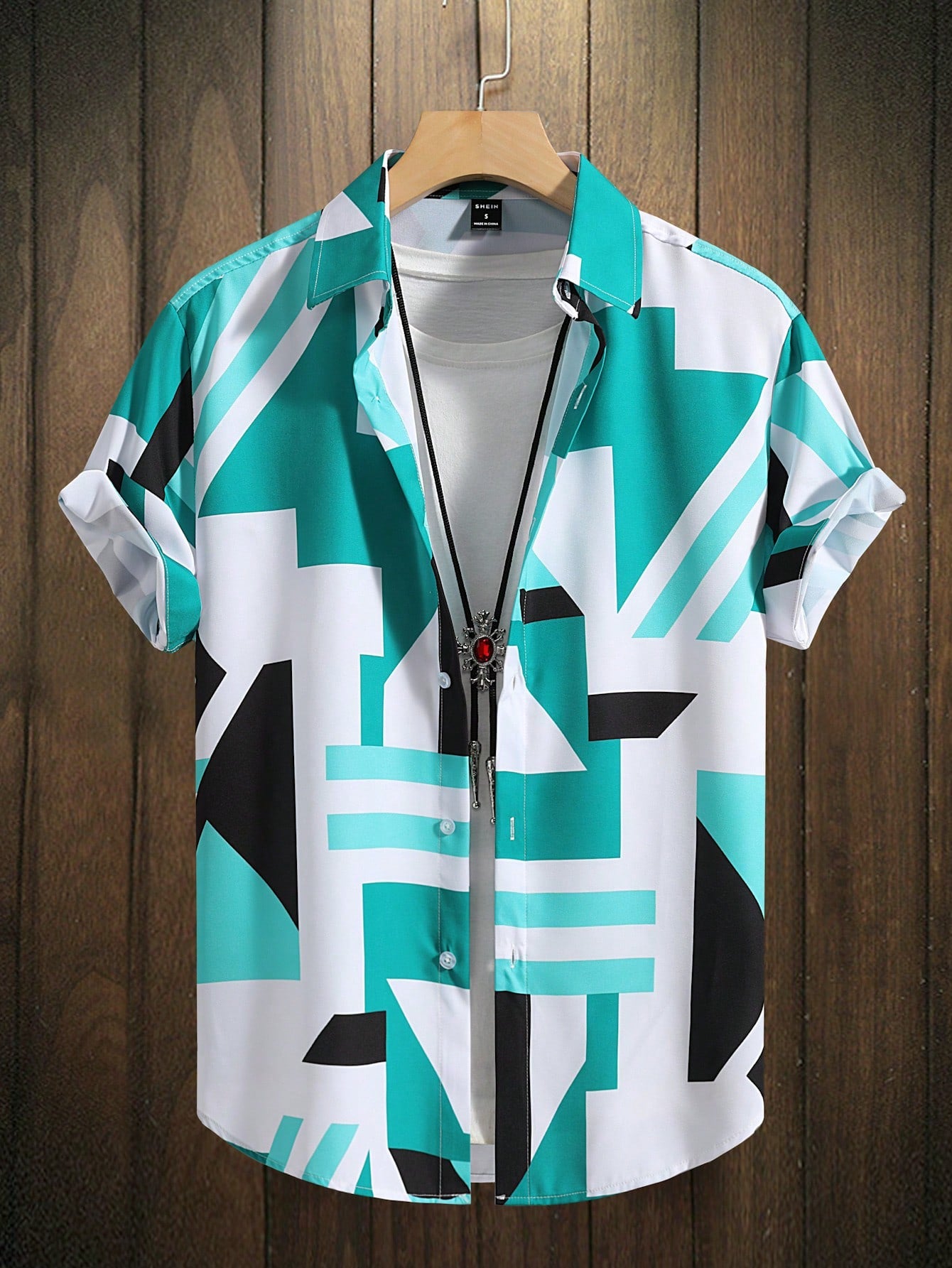 Men's Random Geo Print Shirt Without Tee, Slim Fit Short Sleeve Button Up Graphic Funny Shirt For Husband