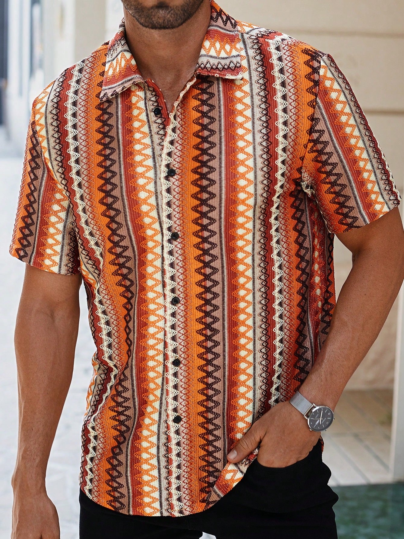 Men's Vacation Casual Orange Textured Jacquard Bohemian Style Short-Sleeve Casual Shirt