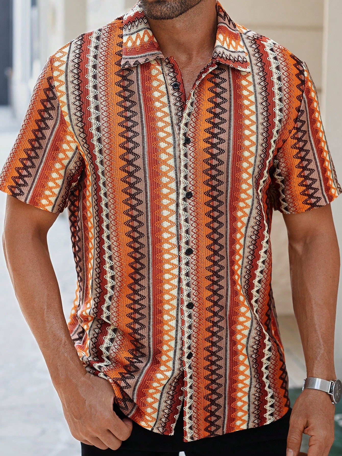 Men's Vacation Casual Orange Textured Jacquard Bohemian Style Short-Sleeve Casual Shirt