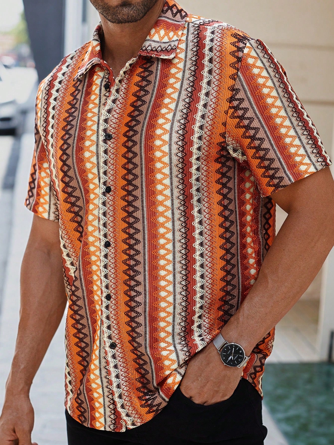Men's Vacation Casual Orange Textured Jacquard Bohemian Style Short-Sleeve Casual Shirt