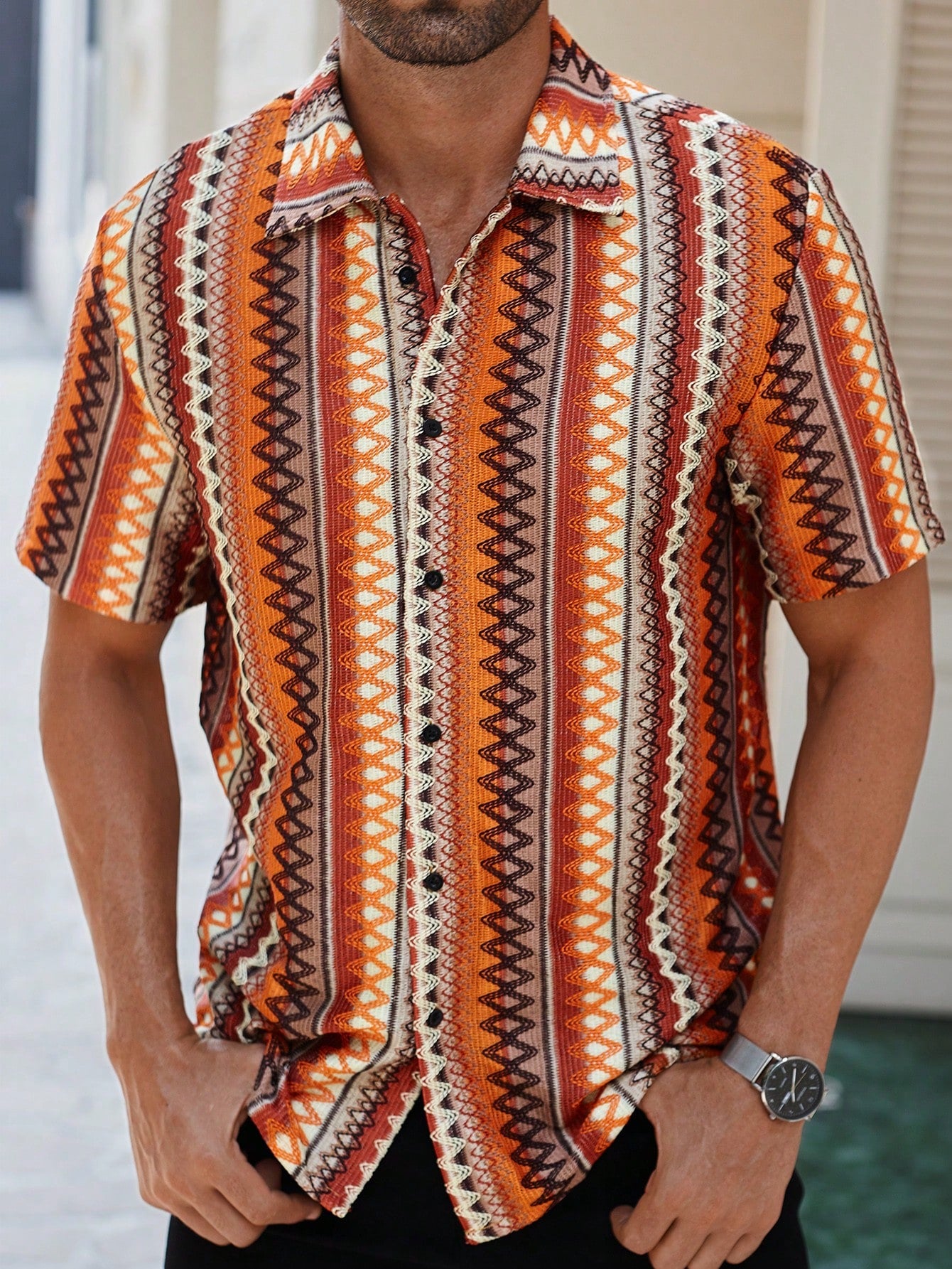 Men's Vacation Casual Orange Textured Jacquard Bohemian Style Short-Sleeve Casual Shirt