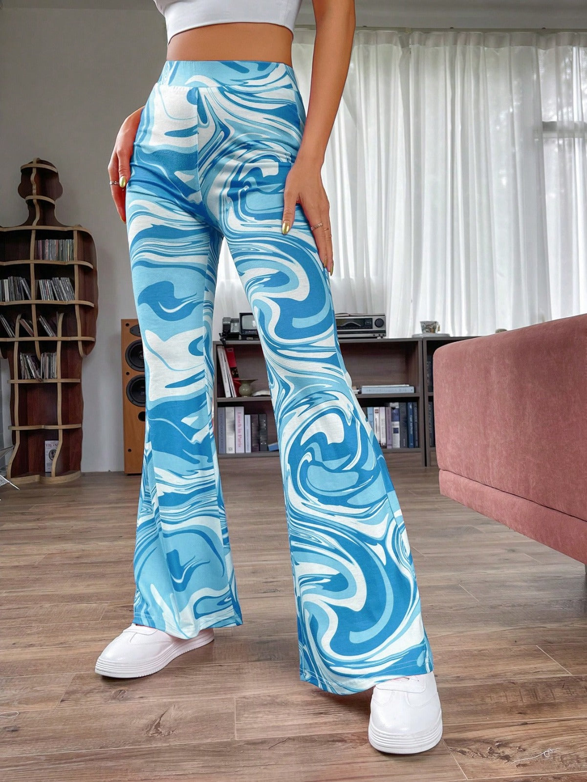 Women’s Blue Marble Print Flared Pants | High Waist Stretchable Bell Bottom Trousers | Trendy Street Style & Party Wear