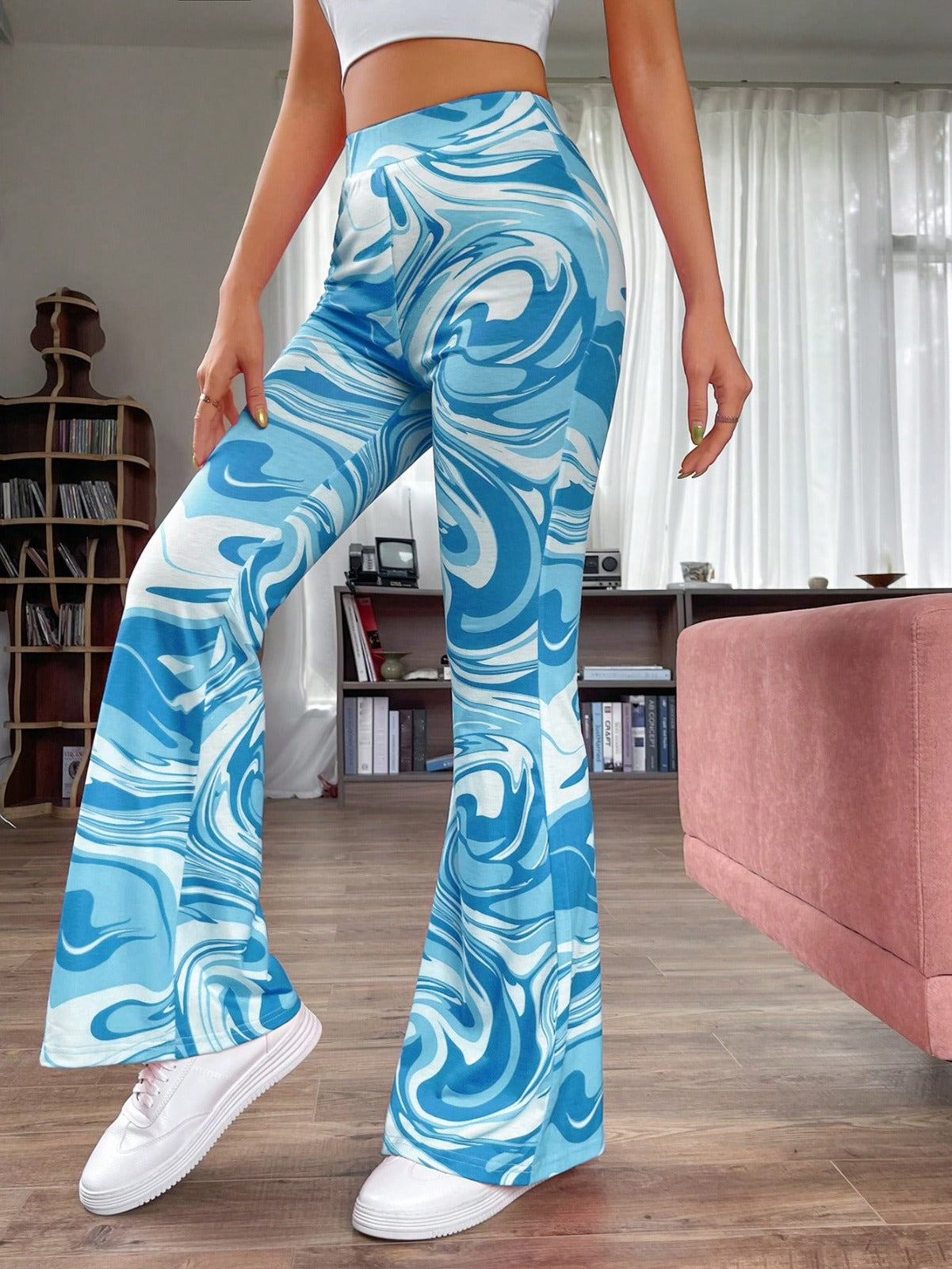 Women’s Blue Marble Print Flared Pants | High Waist Stretchable Bell Bottom Trousers | Trendy Street Style & Party Wear