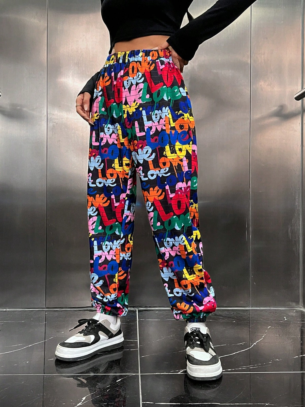 Women’s Multicolor Love Typography Printed Jogger Pants | High Waist Casual Street Style Trousers | Trendy Daily & Lounge Wear