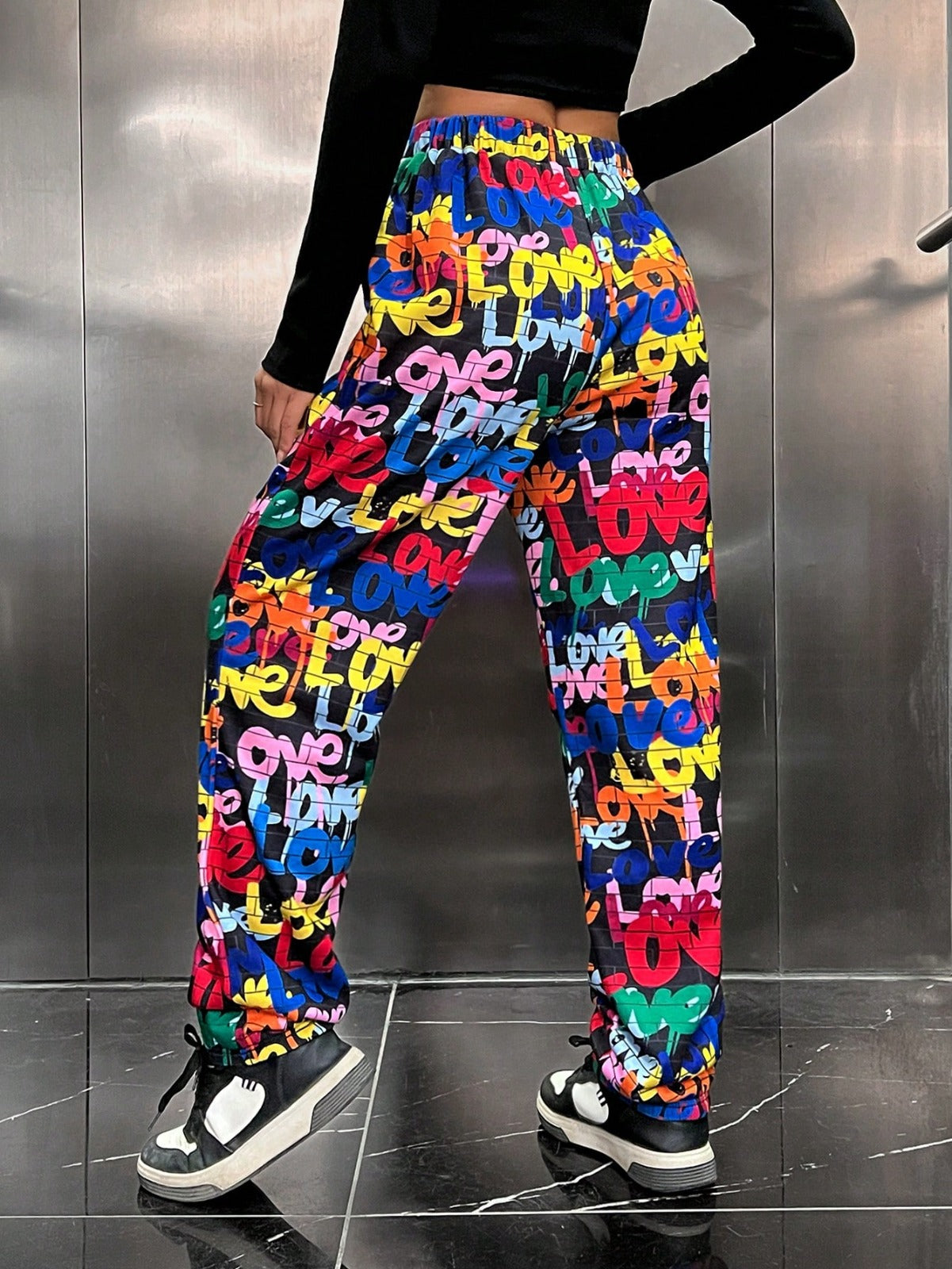 Women’s Multicolor Love Typography Printed Jogger Pants | High Waist Casual Street Style Trousers | Trendy Daily & Lounge Wear