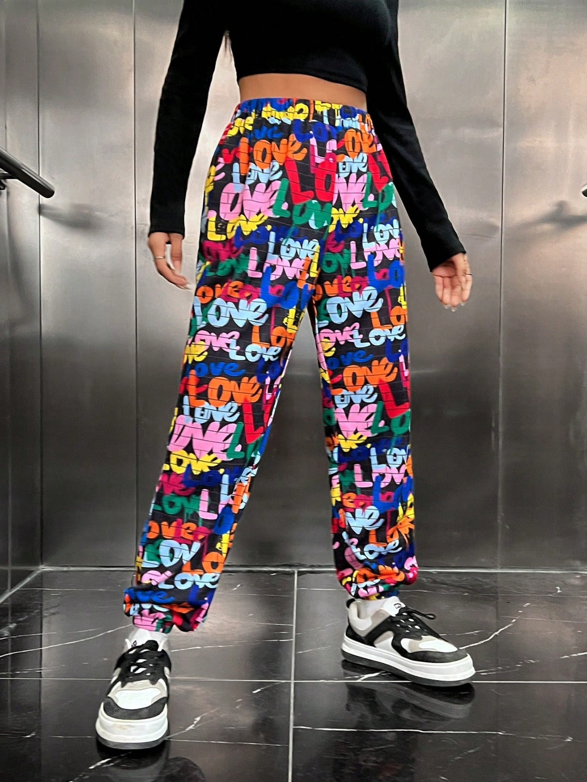 Women’s Multicolor Love Typography Printed Jogger Pants | High Waist Casual Street Style Trousers | Trendy Daily & Lounge Wear