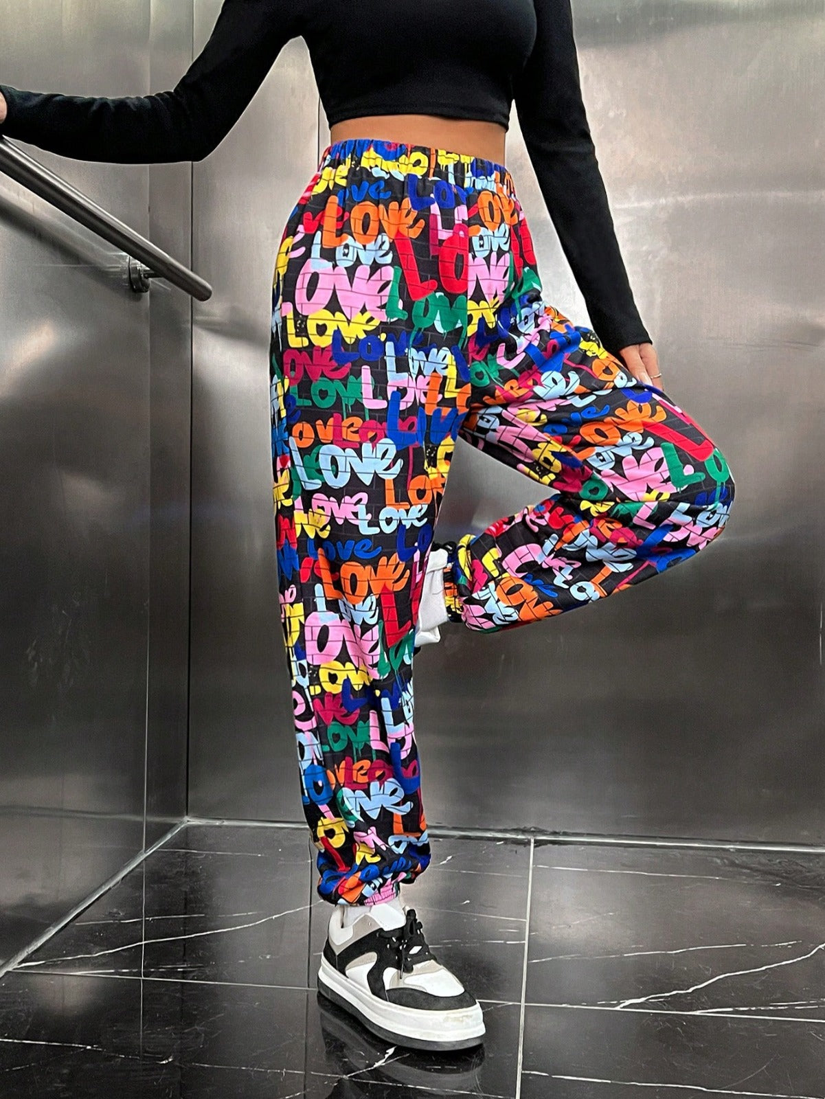 Women’s Multicolor Love Typography Printed Jogger Pants | High Waist Casual Street Style Trousers | Trendy Daily & Lounge Wear