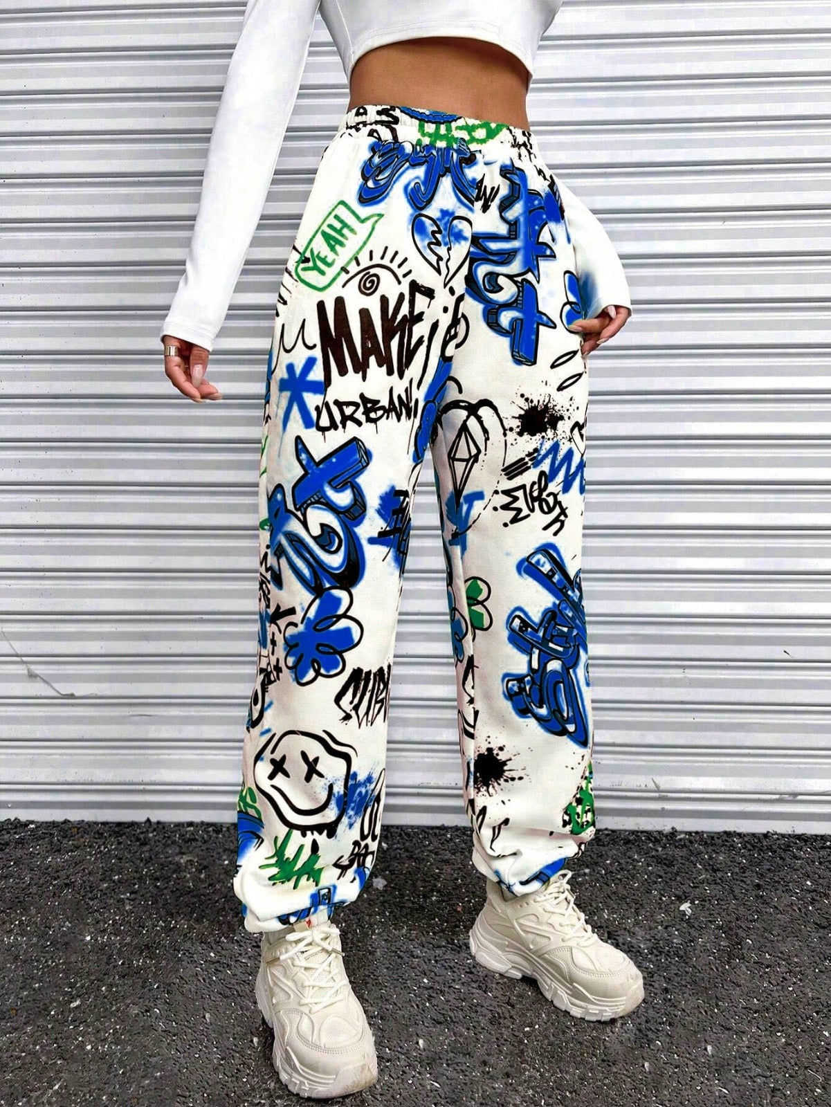 Women’s Urban Graffiti Printed Jogger Pants | High Waist Street Style Trousers | Trendy Casual & Travel Wear Bottoms
