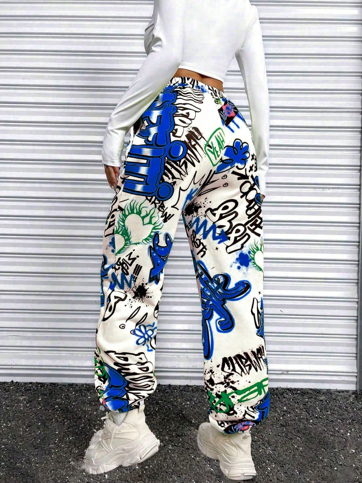 Women’s Urban Graffiti Printed Jogger Pants | High Waist Street Style Trousers | Trendy Casual & Travel Wear Bottoms