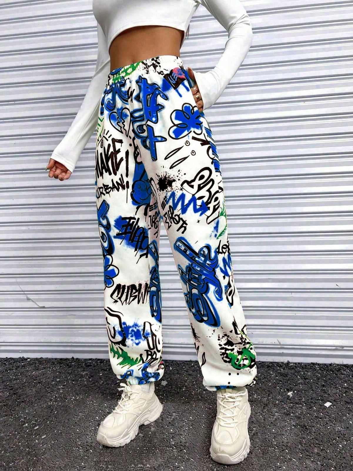 Women’s Urban Graffiti Printed Jogger Pants | High Waist Street Style Trousers | Trendy Casual & Travel Wear Bottoms