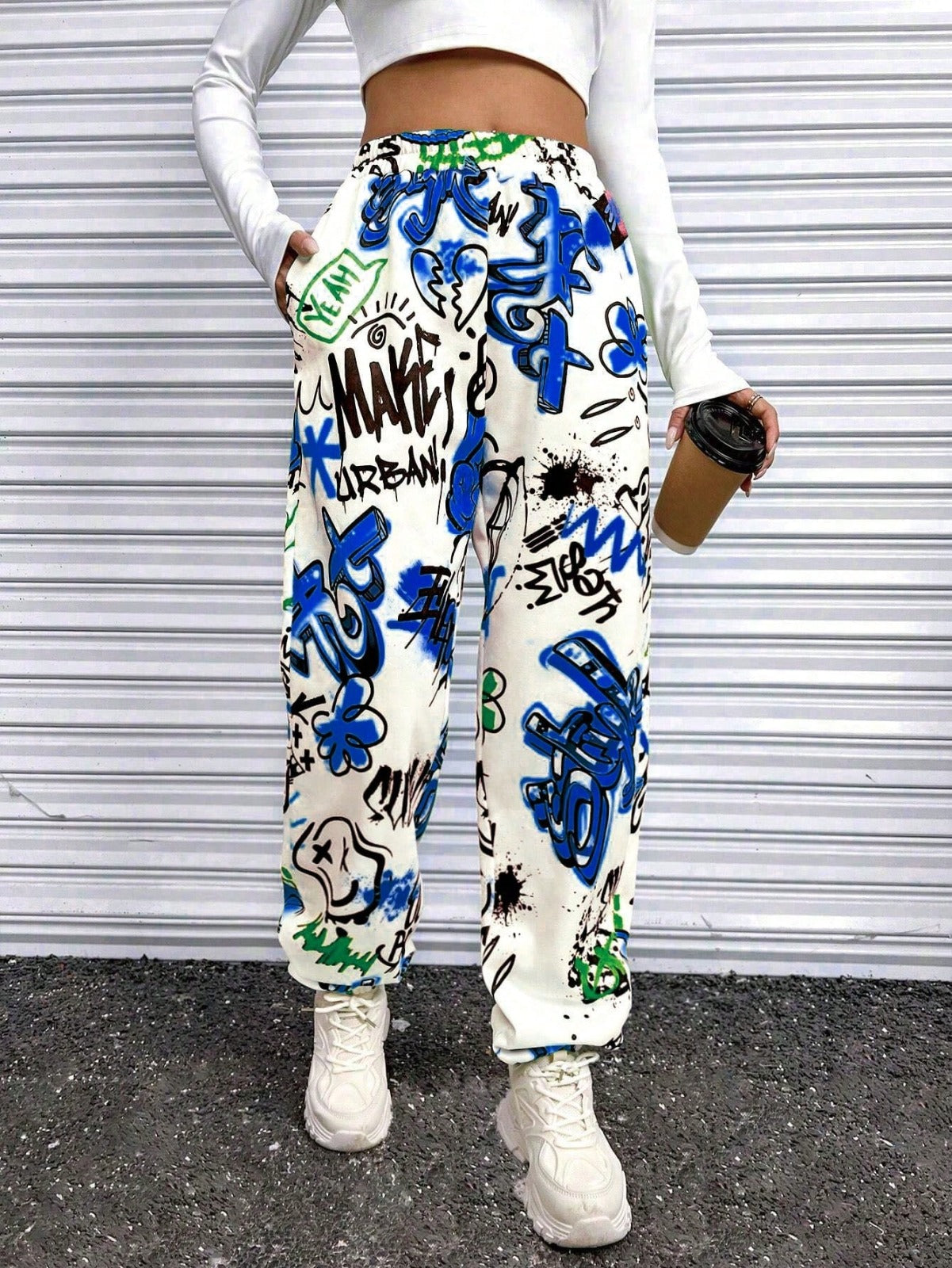 Women’s Urban Graffiti Printed Jogger Pants | High Waist Street Style Trousers | Trendy Casual & Travel Wear Bottoms