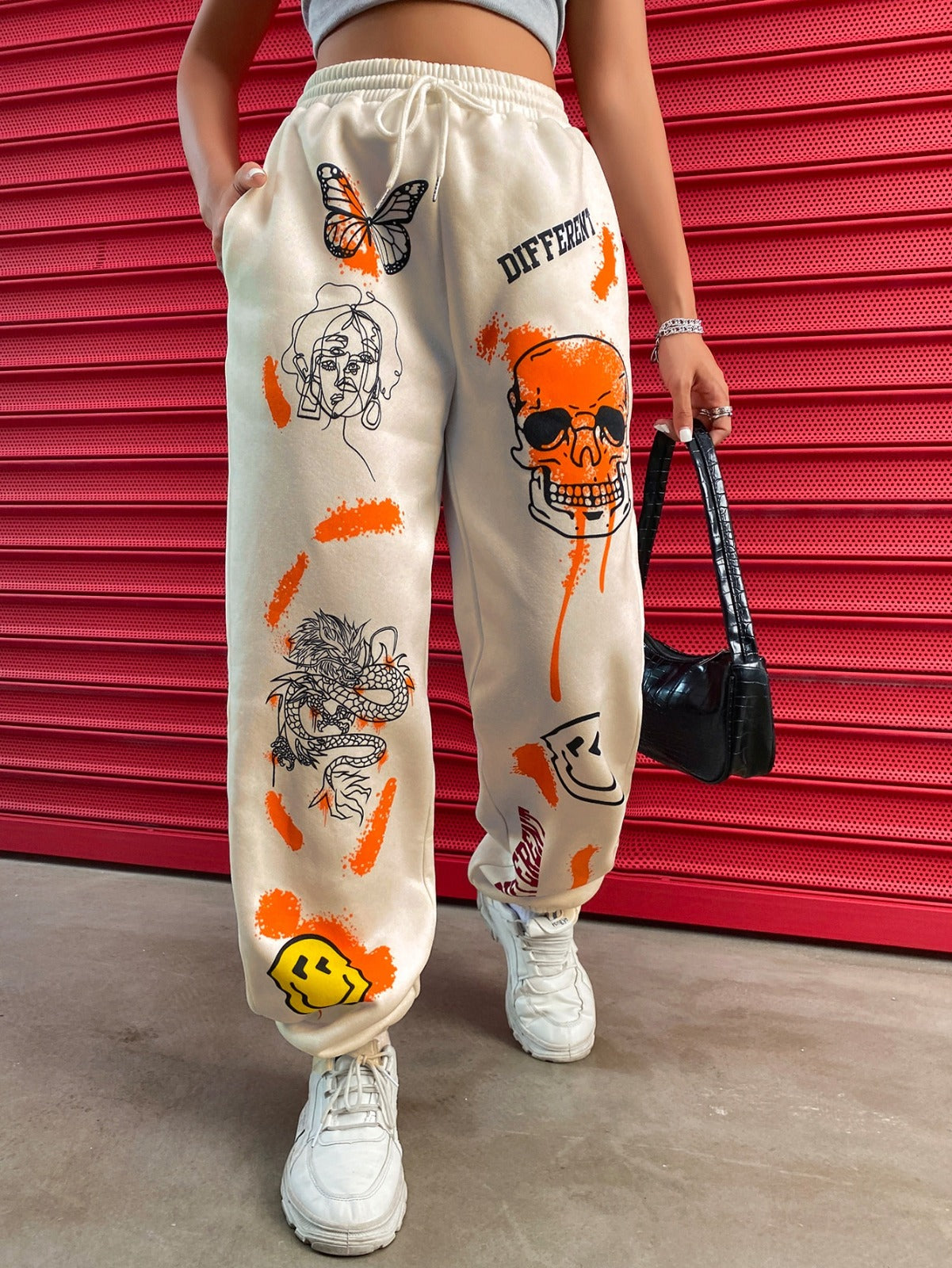 Women’s Trendy Graffiti Printed Jogger Pants | High Waist Casual Streetwear Trousers | Stylish Lounge & Travel Wear